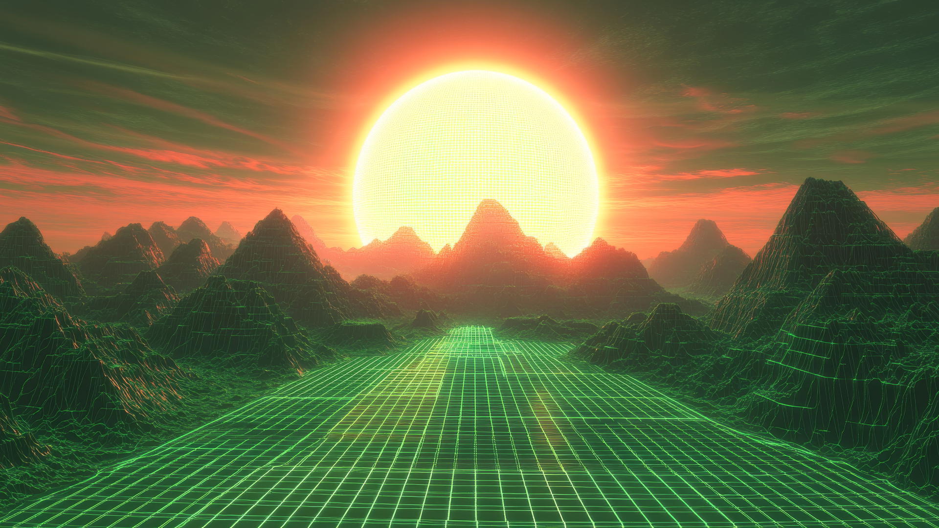 cyber y2k wallpaper featuring neon green grid floor, pixelated mountains, and bright digital sun
