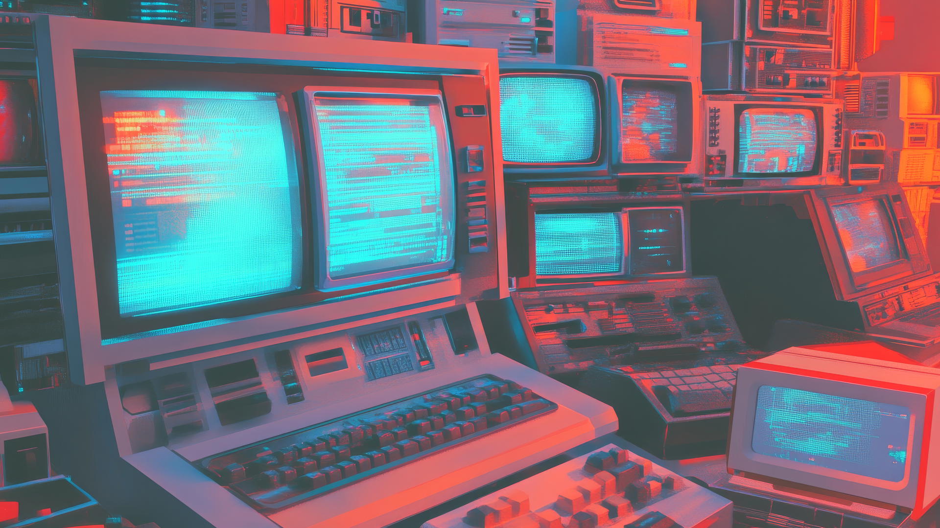 Y2K aesthetic wallpaper with retro computer icons and glitchy holographic backdrop.