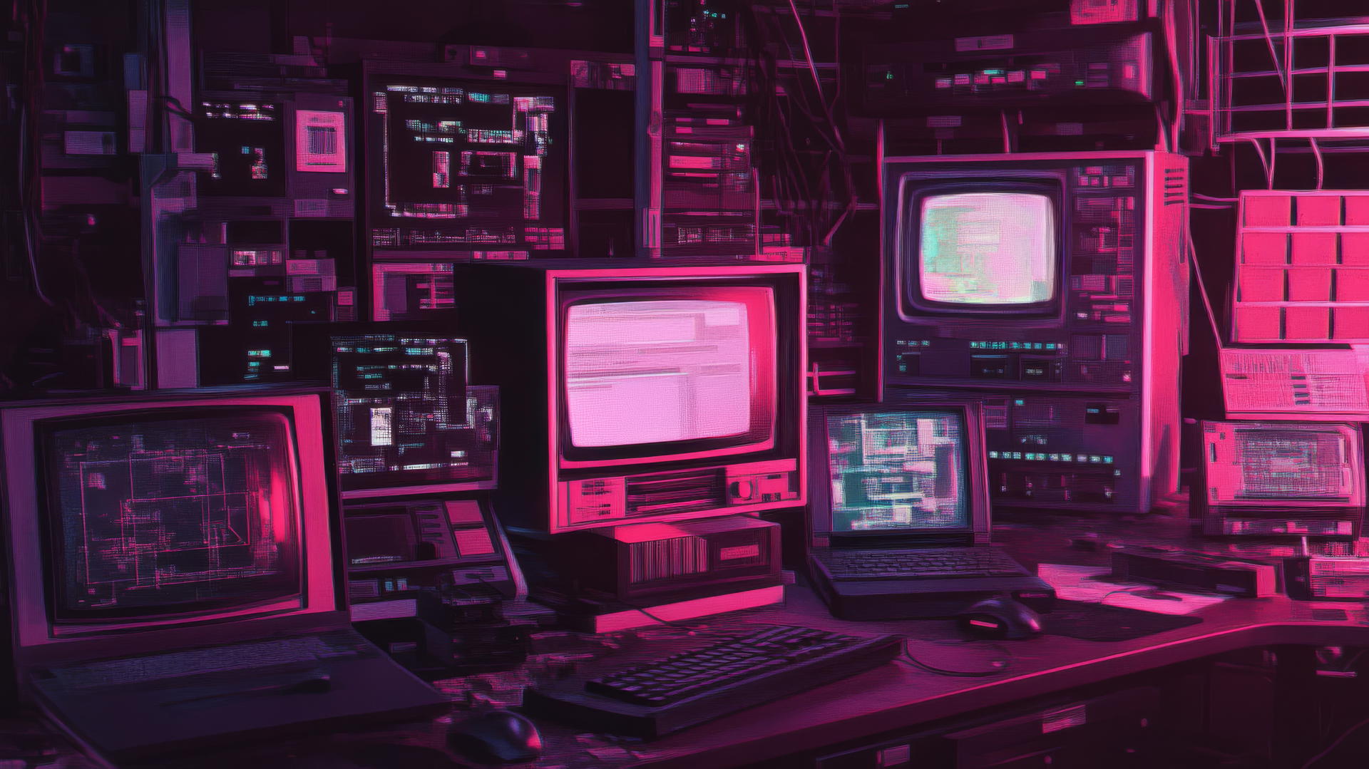 Y2K aesthetic wallpaper with retro computer icons and glitchy holographic backdrop