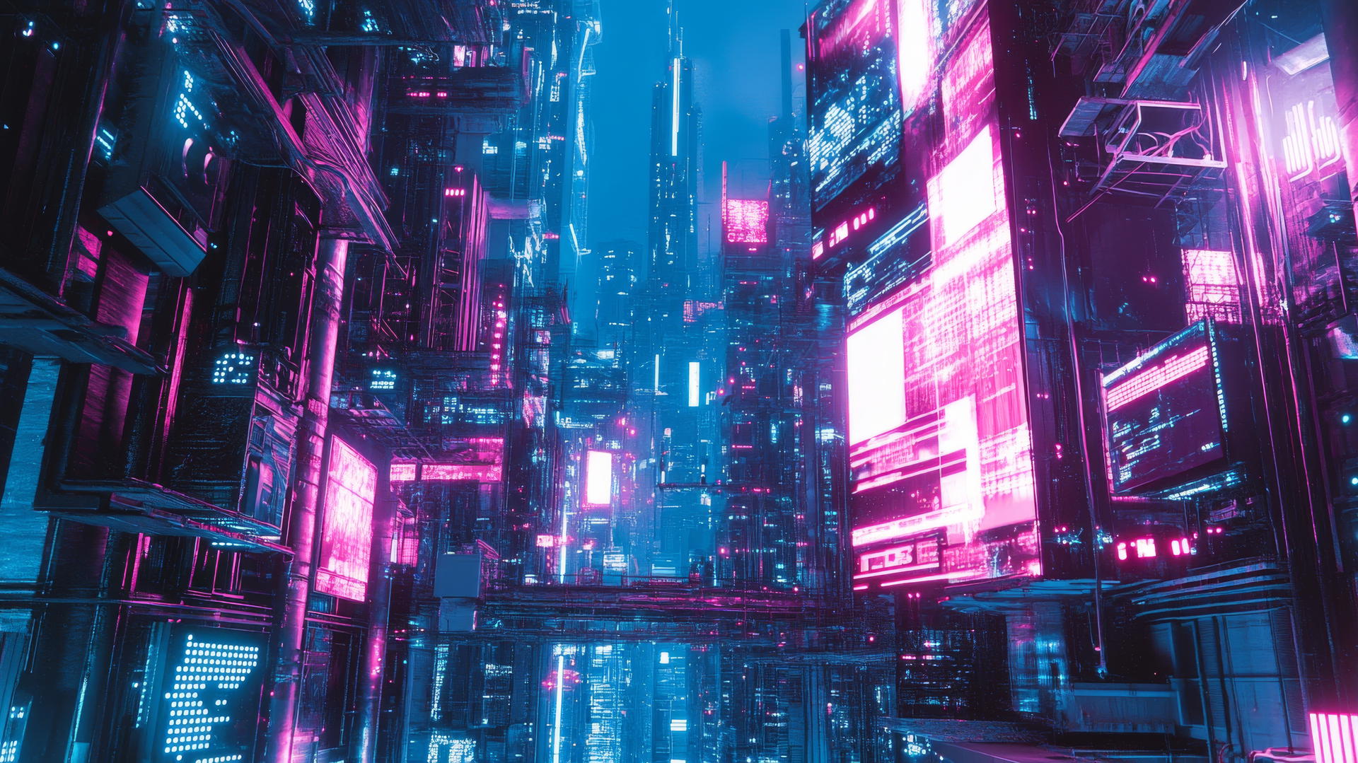 Futuristic Y2K aesthetic wallpaper with a metallic cityscape, neon lights, and pixelated elements in blue, pink, and silver tones.