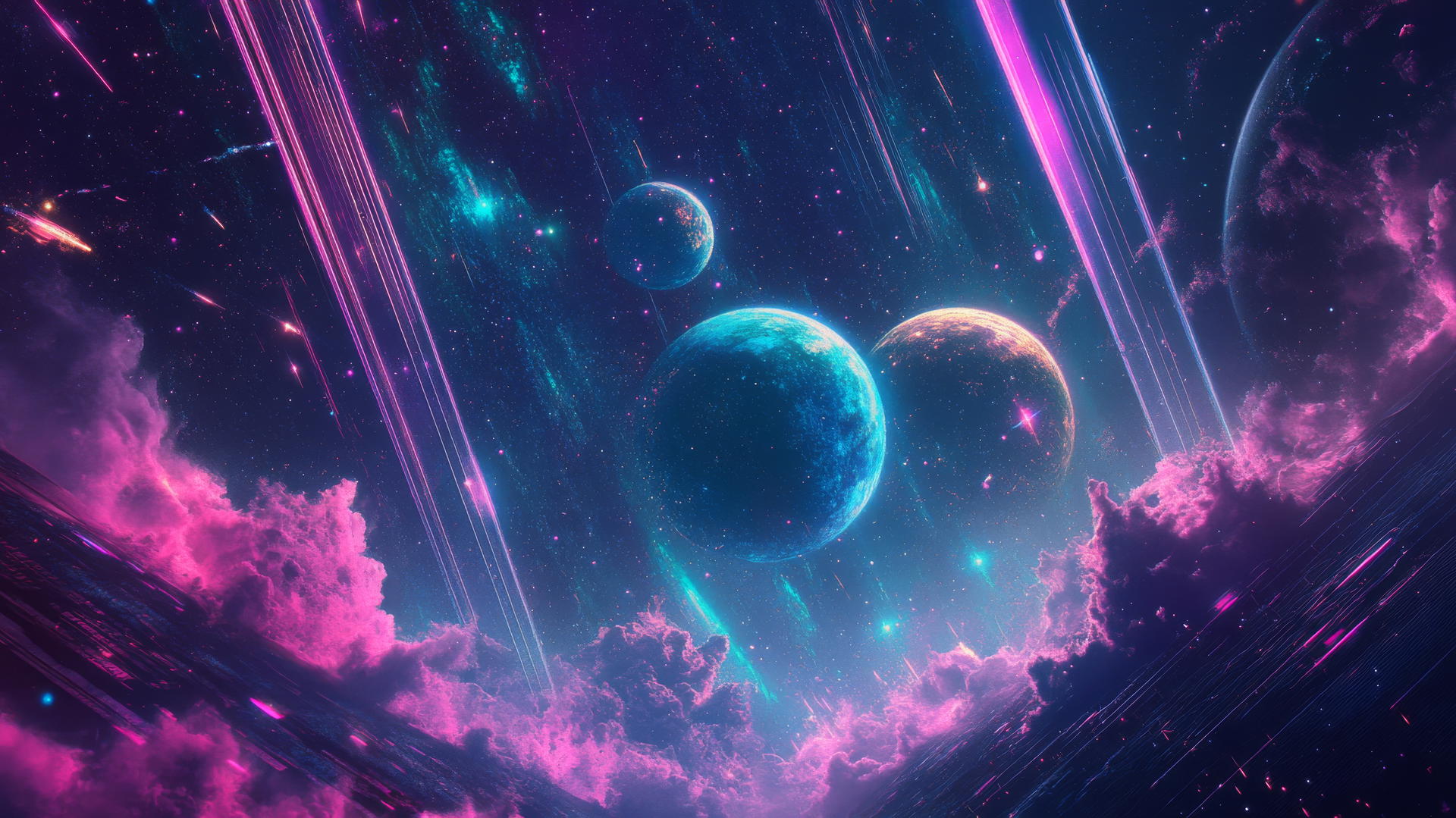 cyber y2k star wallpaper with neon constellations, glitchy planets, and pixelated meteor showers