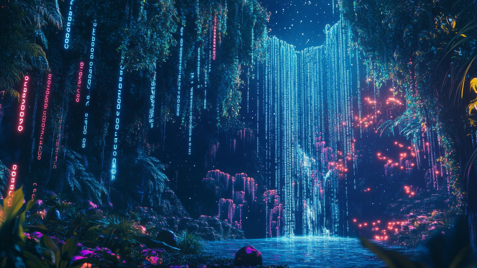wallpaper y2k with cybernetic jungle, neon animals, binary waterfall