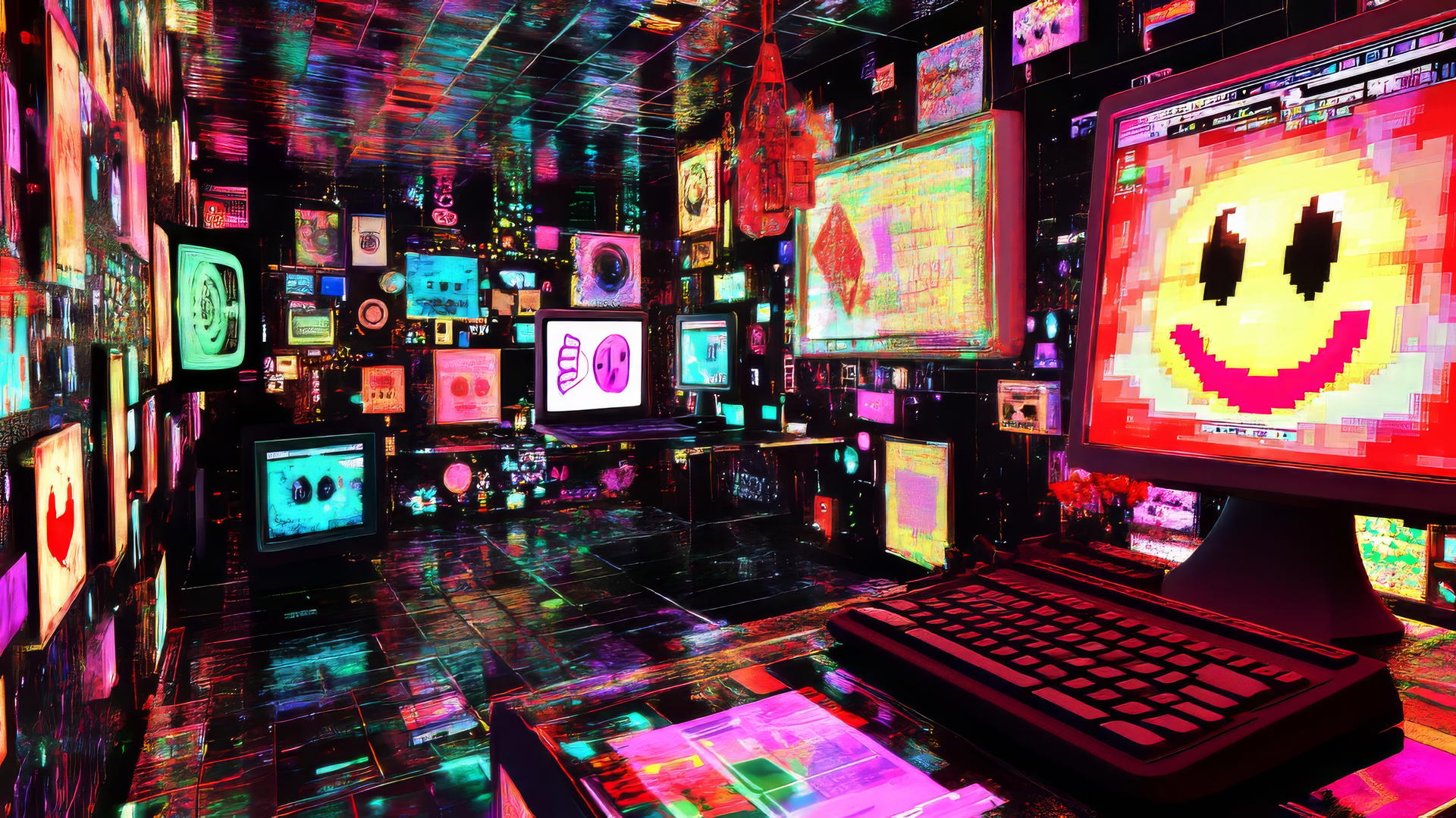 Y2K wallpaper featuring early internet culture with retro browser windows and pixelated emoticons