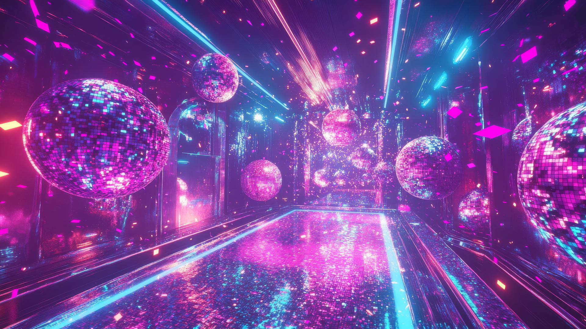Y2K wallpaper with holographic disco balls and neon laser lights