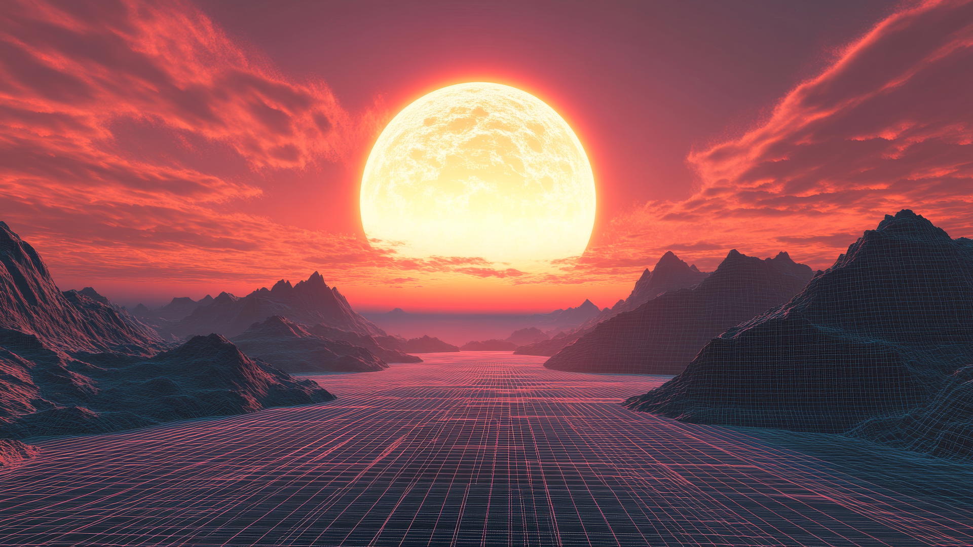 Y2K wallpaper of VR space with wireframe mountains and glowing grid floor