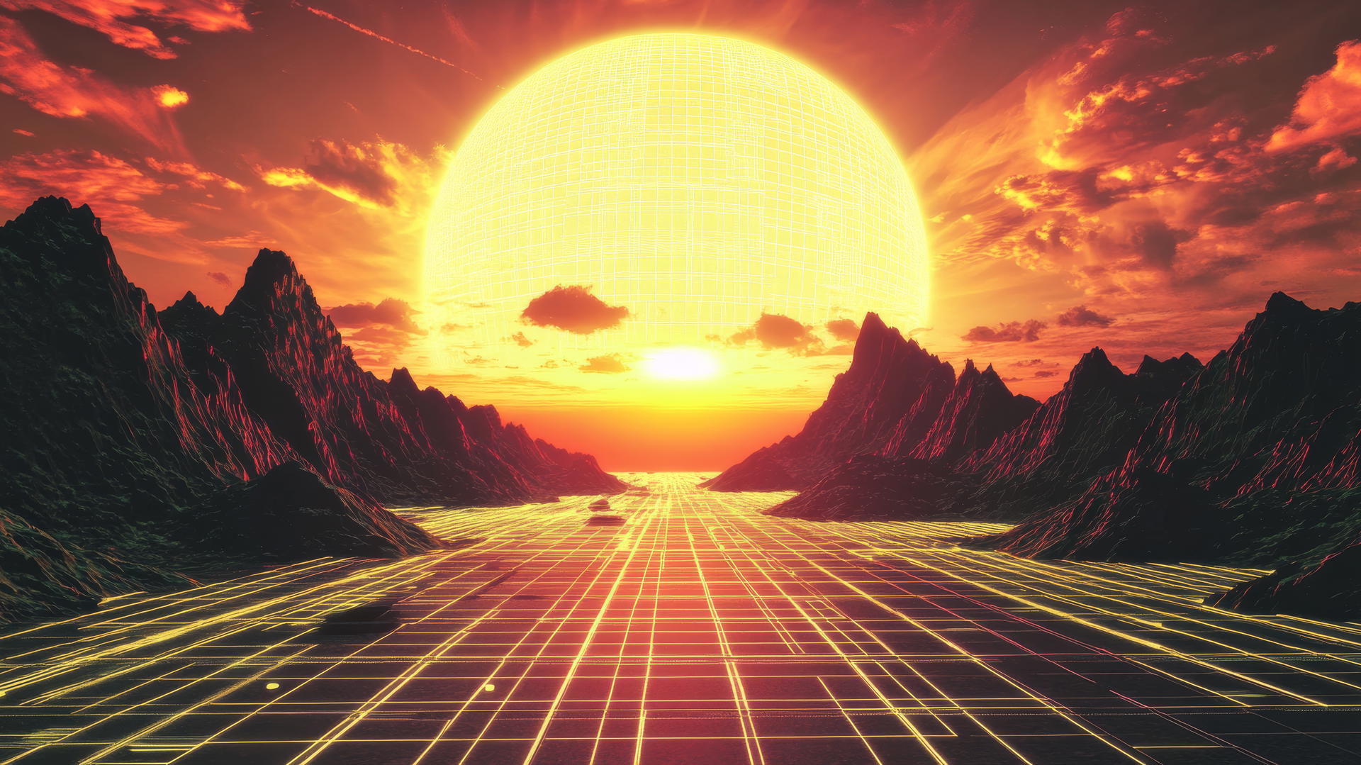 Y2K wallpaper of a virtual reality landscape with wireframe mountains and glowing grid floor