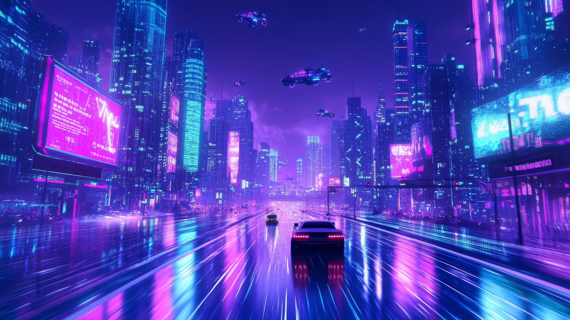 Y2K wallpaper featuring a neon-lit cityscape, glitchy billboards, and flying cars