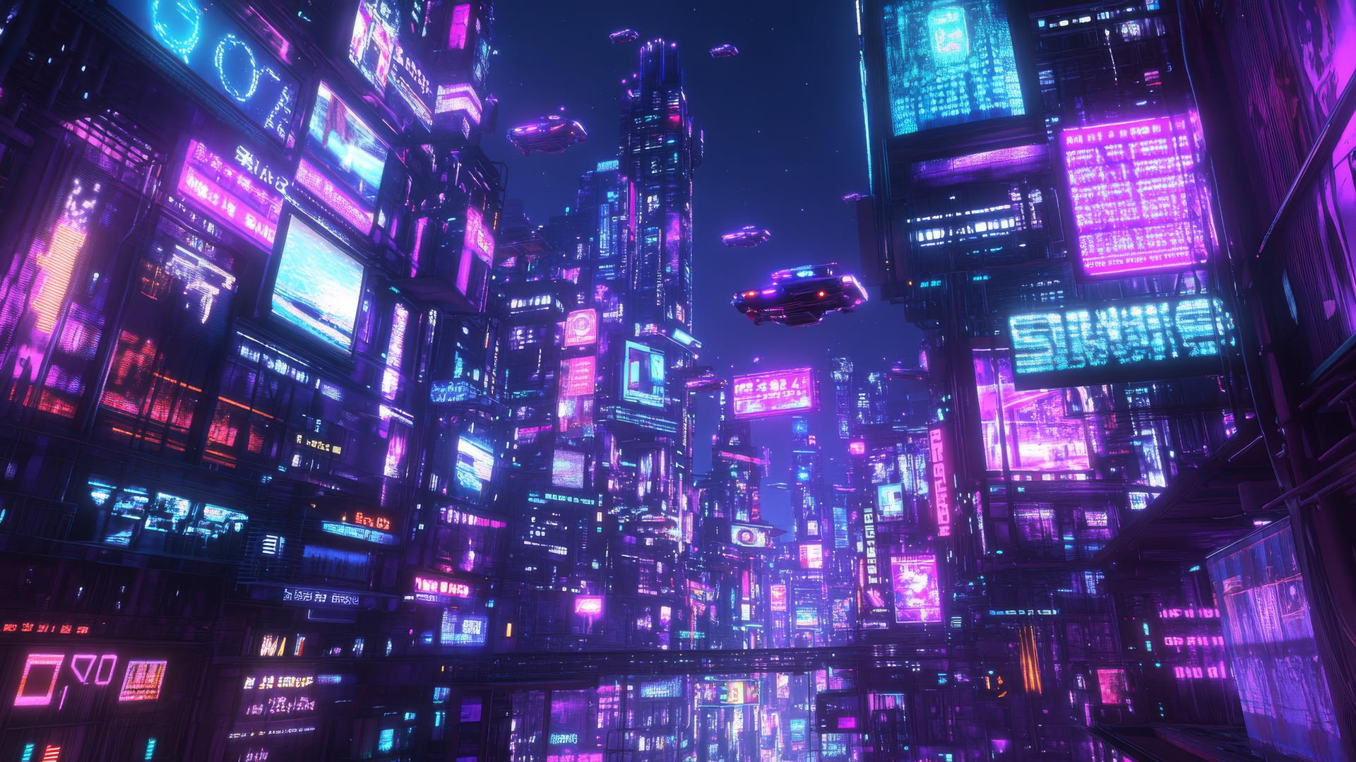 y2k wallpaper of a neon-lit cityscape with digital billboards and flying cars