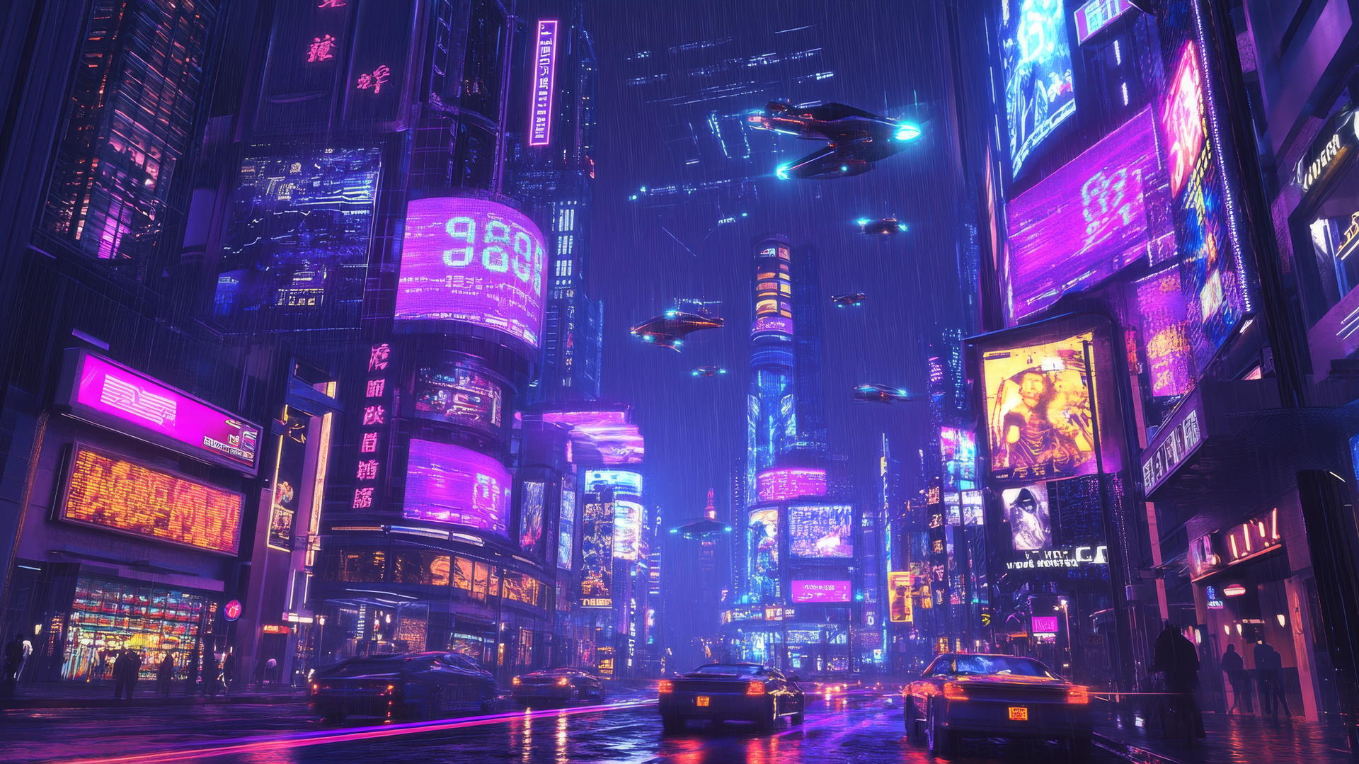 futuristic Y2K wallpaper of neon-lit cityscape with digital billboards, flying cars