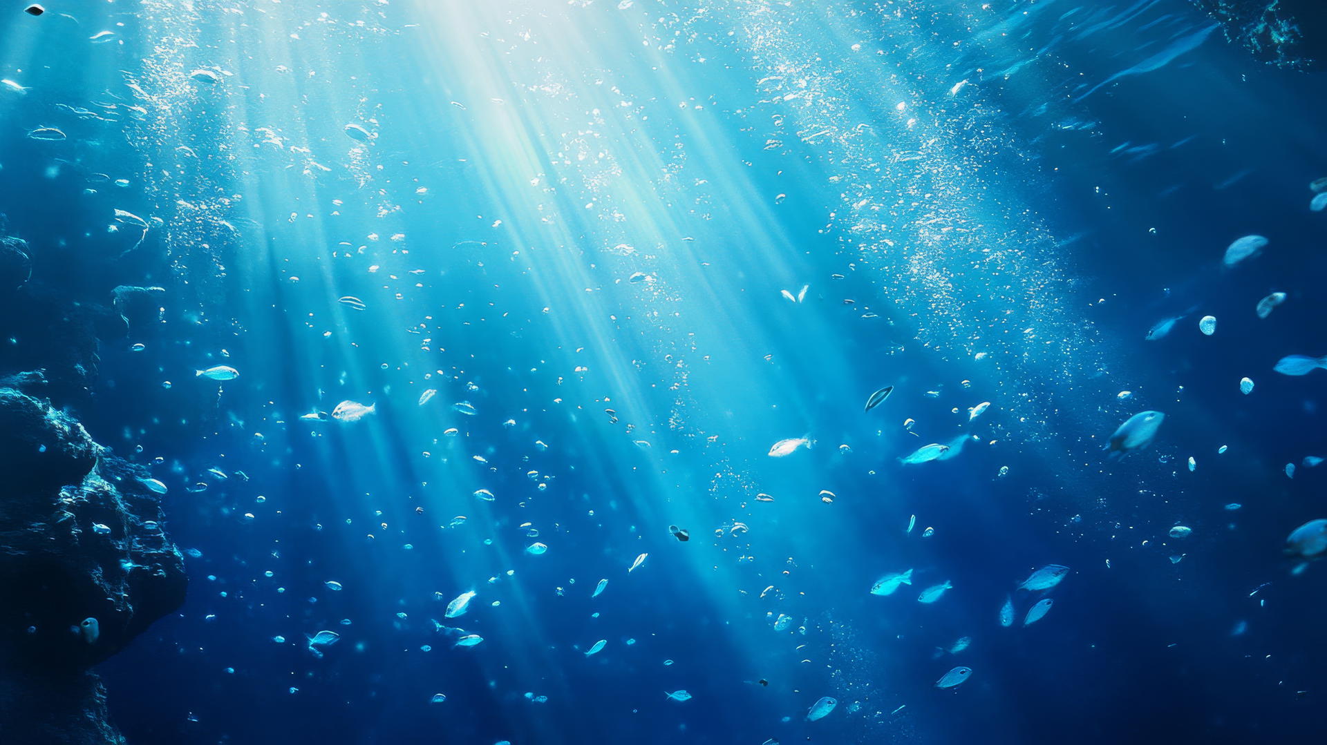 blue wallpaper of underwater scene with light beams and swimming fish
