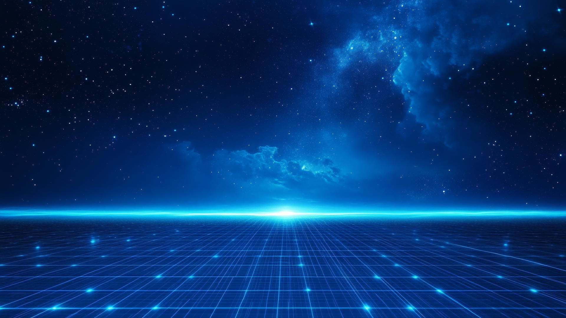 blue aesthetic wallpaper with retro wave art, blue grid pattern, glowing horizon, digital stars