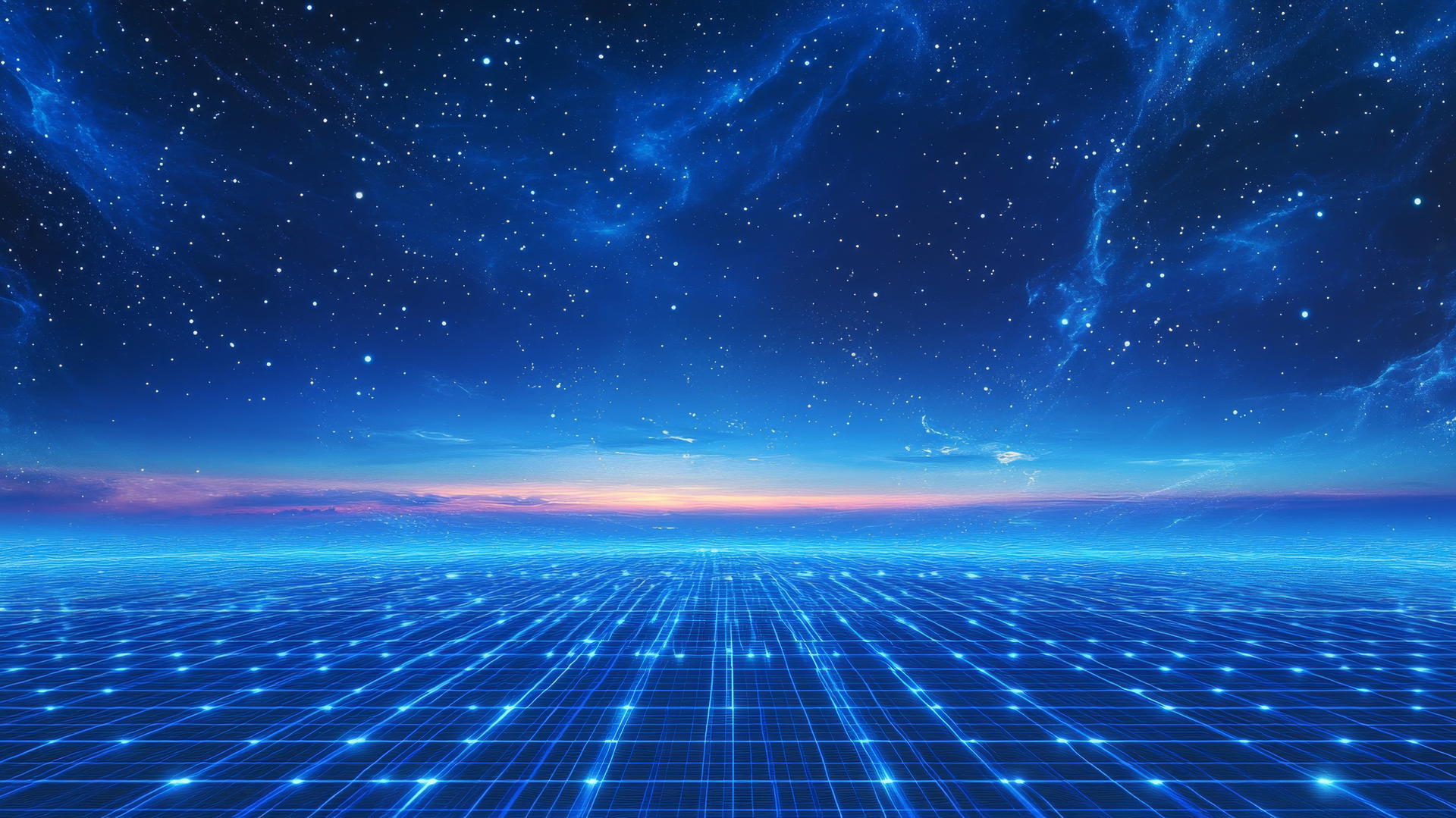 blue aesthetic wallpaper with retro wave art, blue grid pattern, glowing horizon, deep blue sky, digital stars