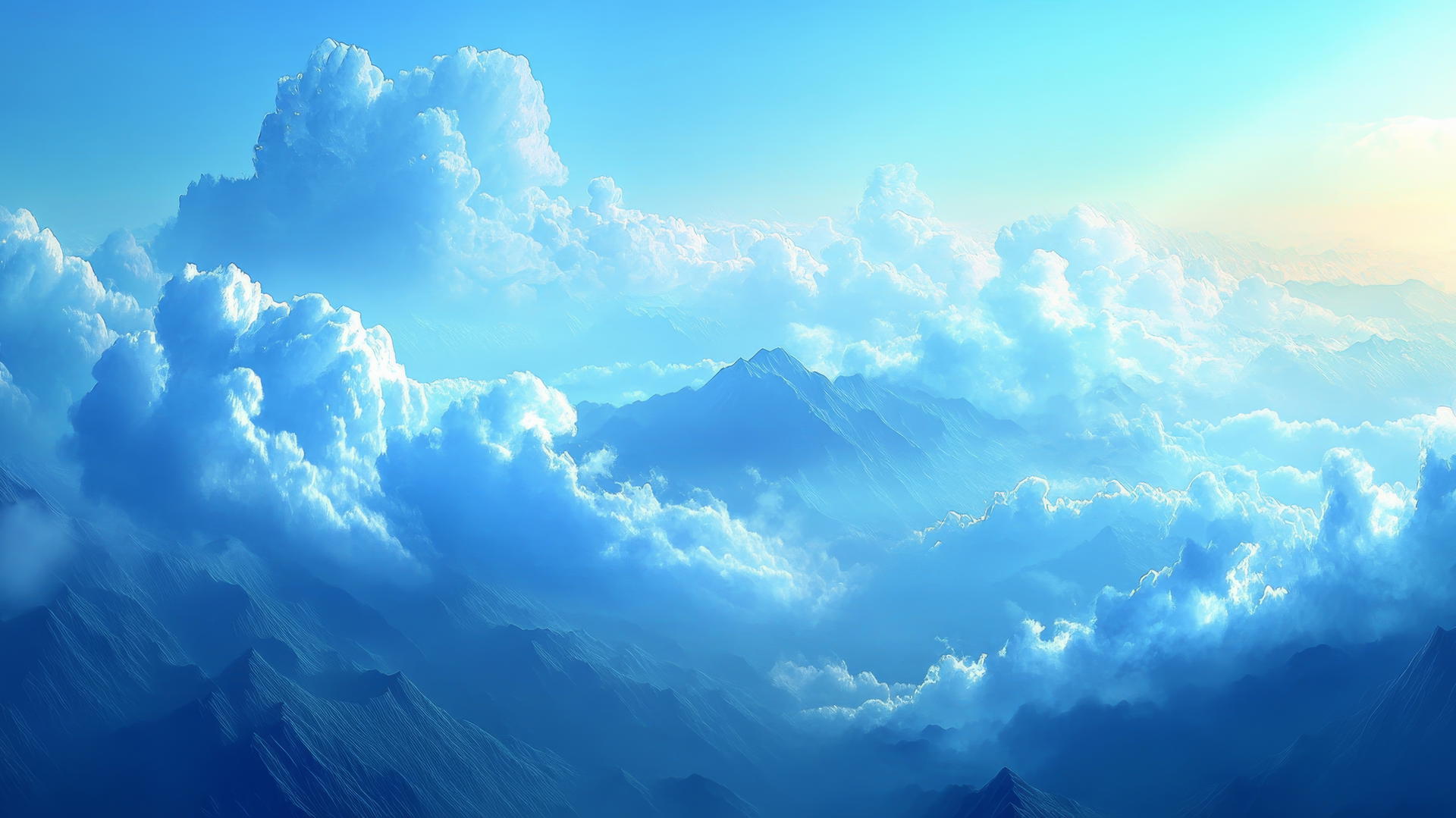 blue aesthetic wallpaper with fluffy blue clouds over a distant mountain range