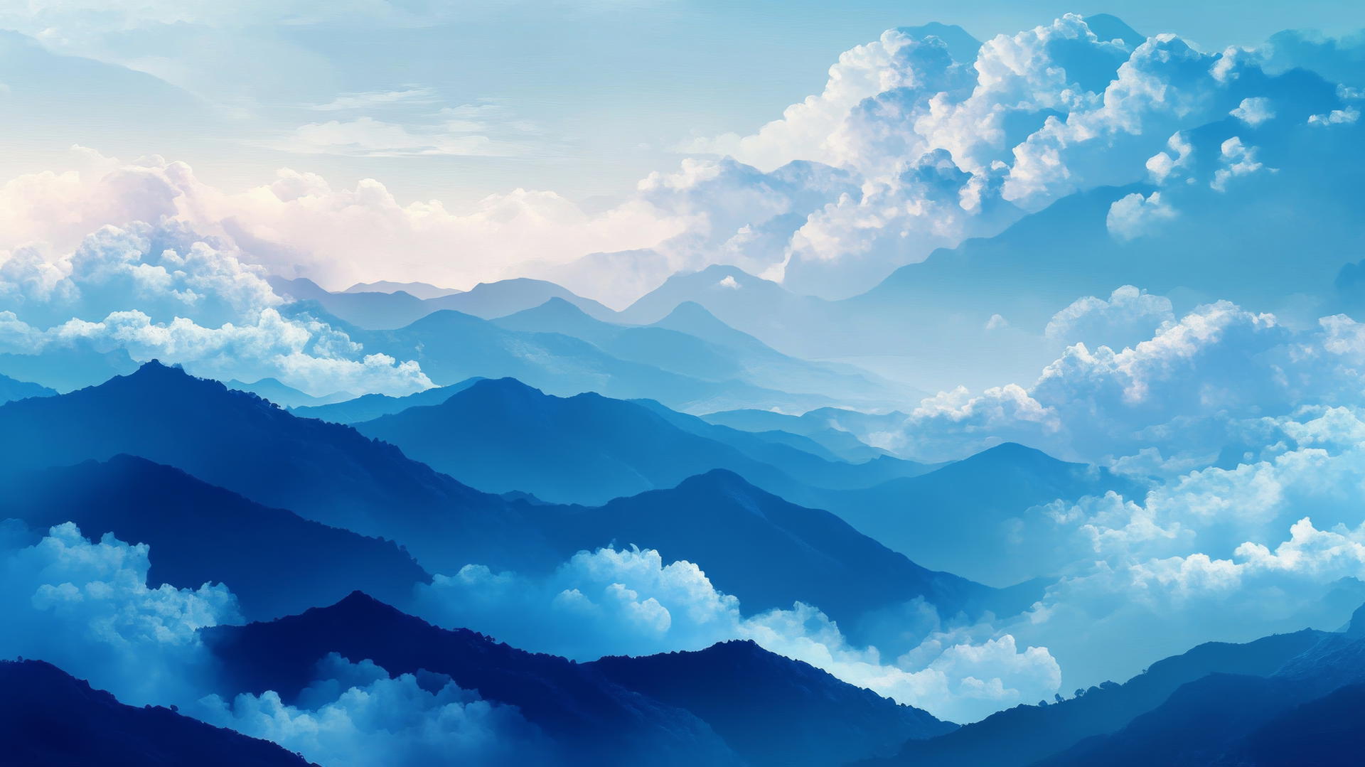 blue aesthetic wallpaper of fluffy blue clouds over distant mountains