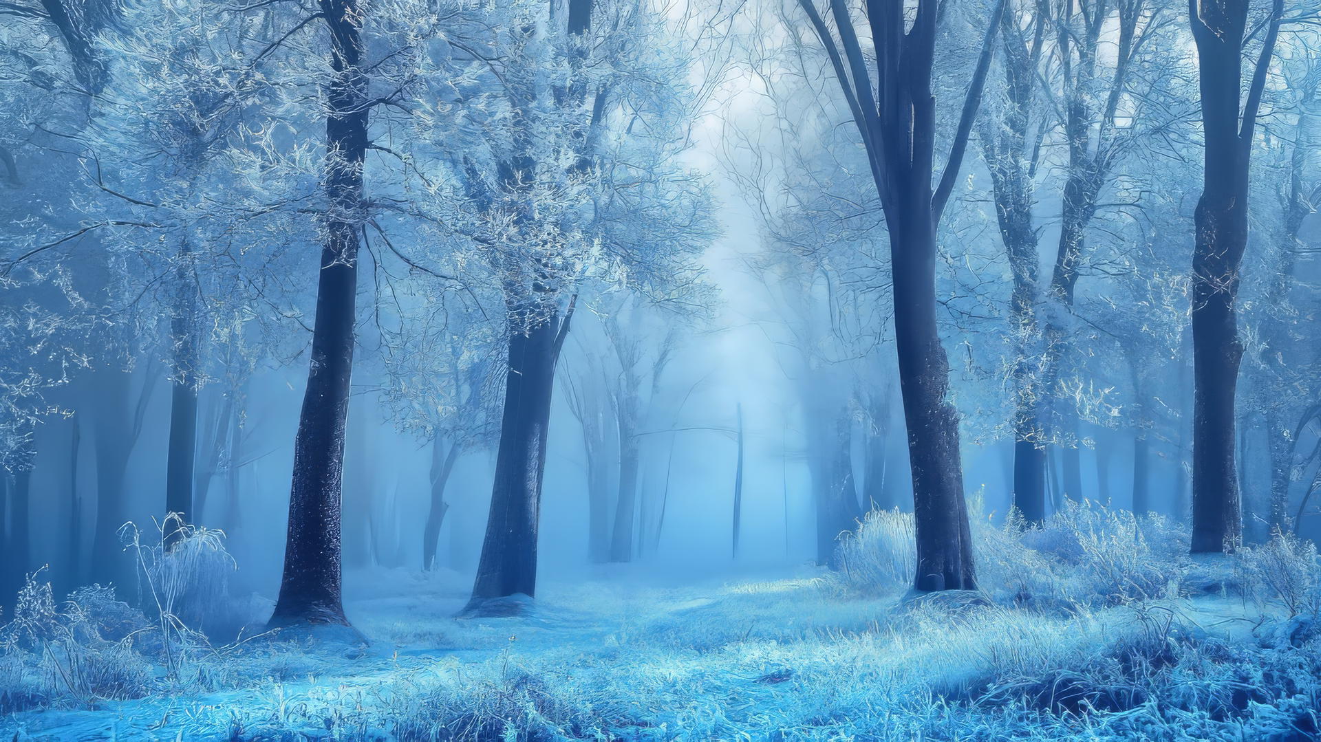Blue aesthetic wallpaper featuring a frosty winter forest with blue-tinted trees
