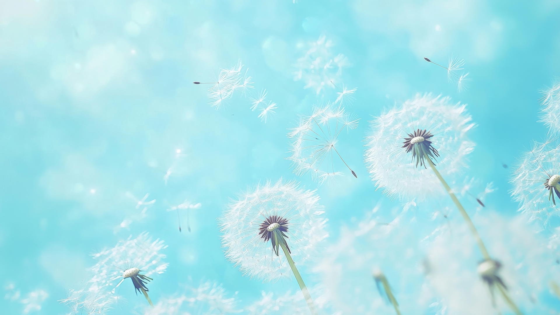light blue wallpaper with dandelion seeds blowing in the wind