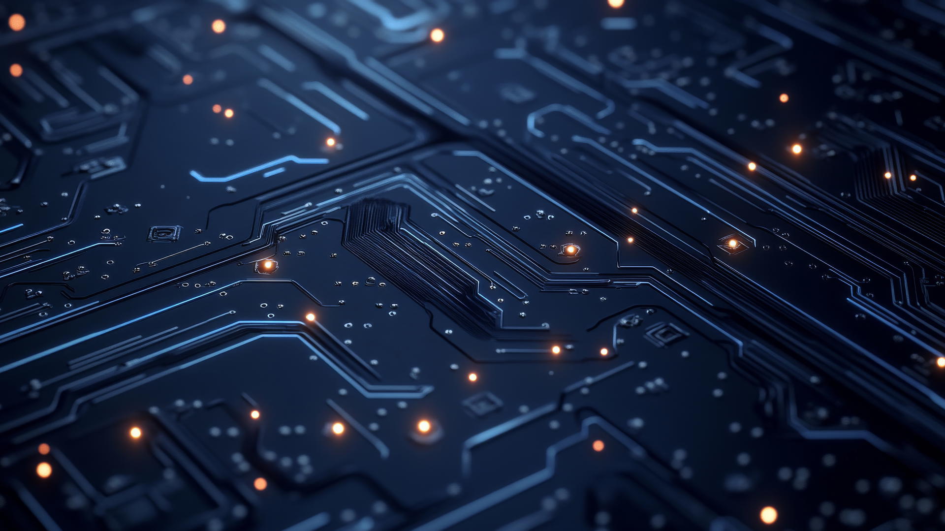 Dark blue wallpaper with metallic circuitry, glowing lines, and nodes