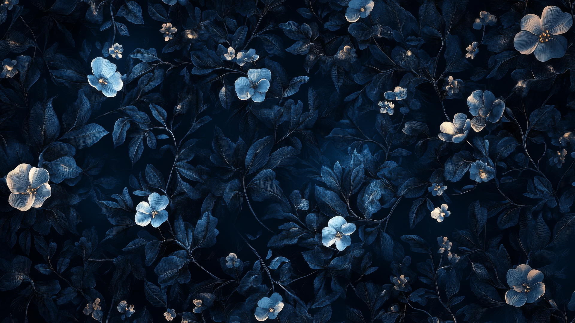 navy blue wallpaper with a midnight floral pattern, moonlit flowers, and vines