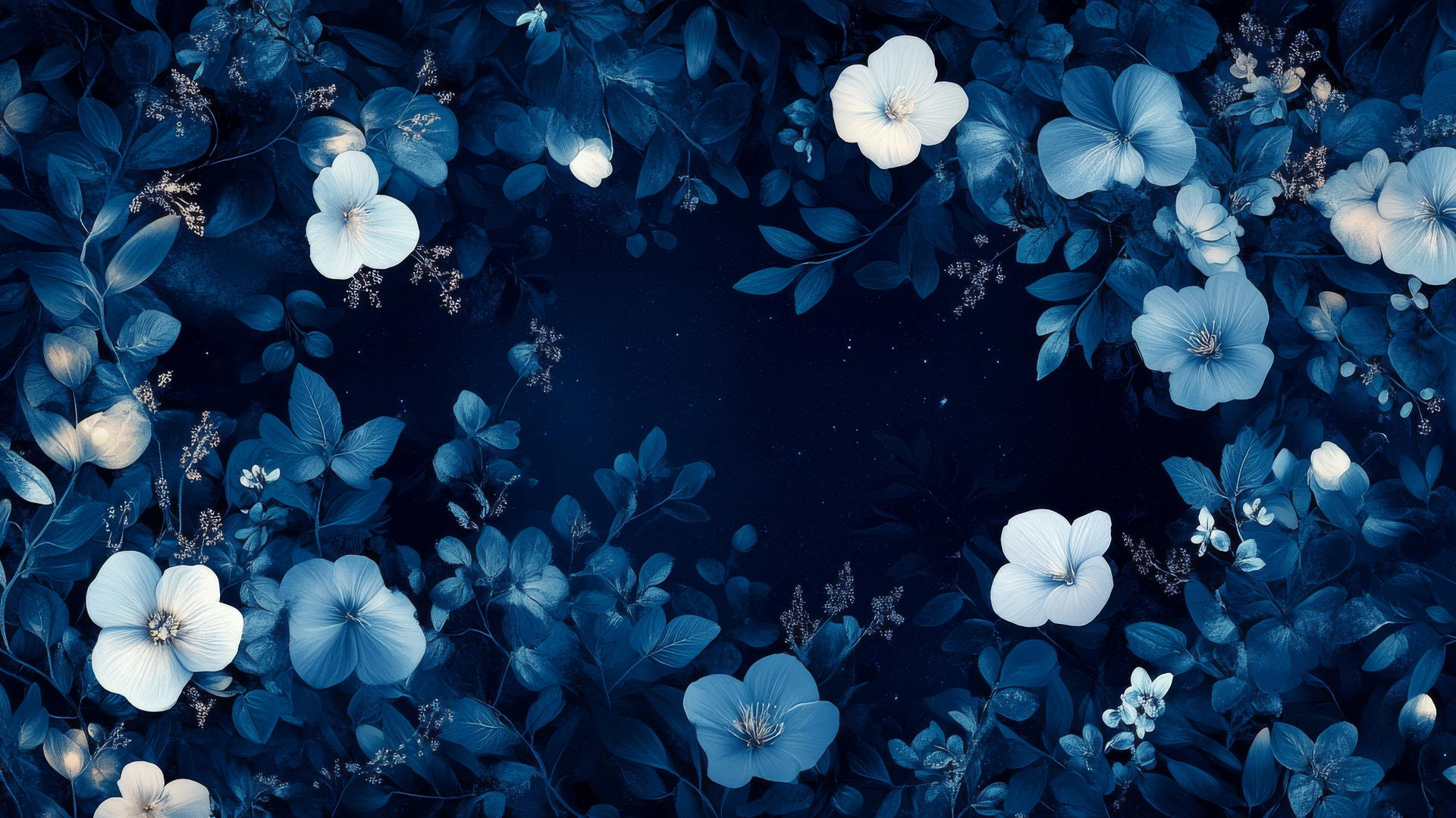 Navy blue wallpaper with midnight floral pattern, delicate flowers and vines illuminated by moonlight