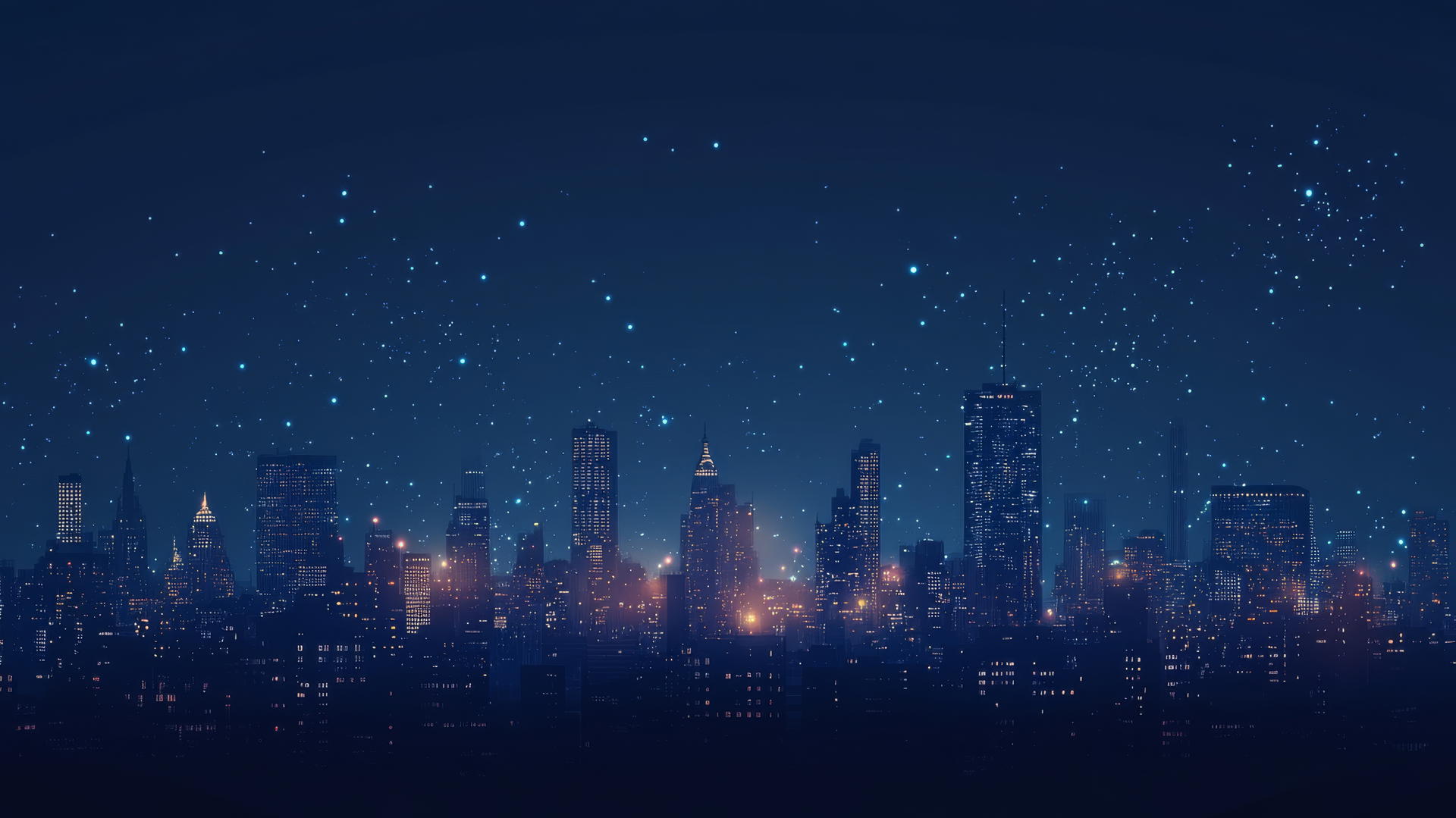 navy blue wallpaper with city skyline silhouette at twilight, glowing skyscraper lights