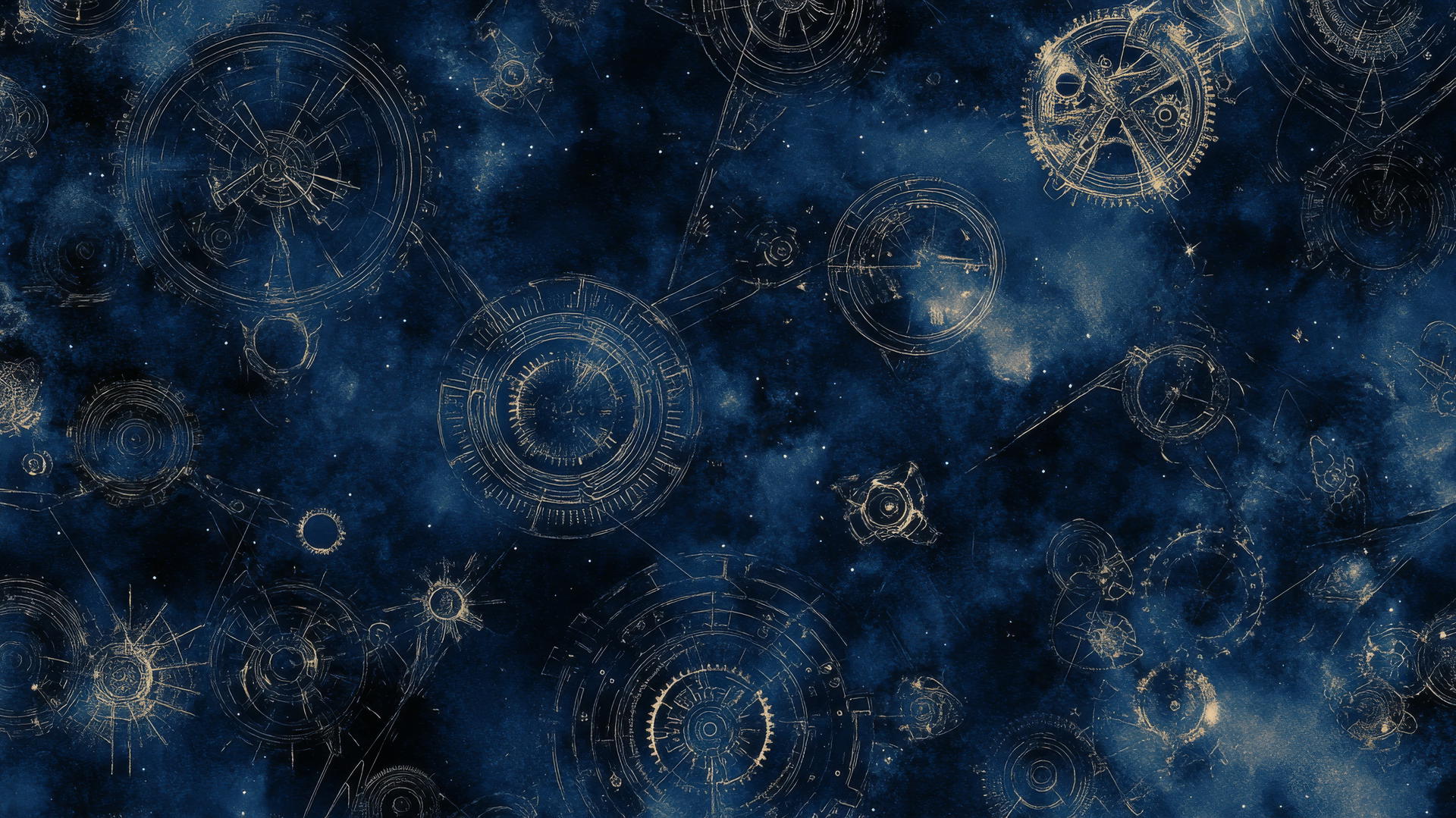 navy blue wallpaper with cosmic clockwork, intricate gears, and celestial motifs