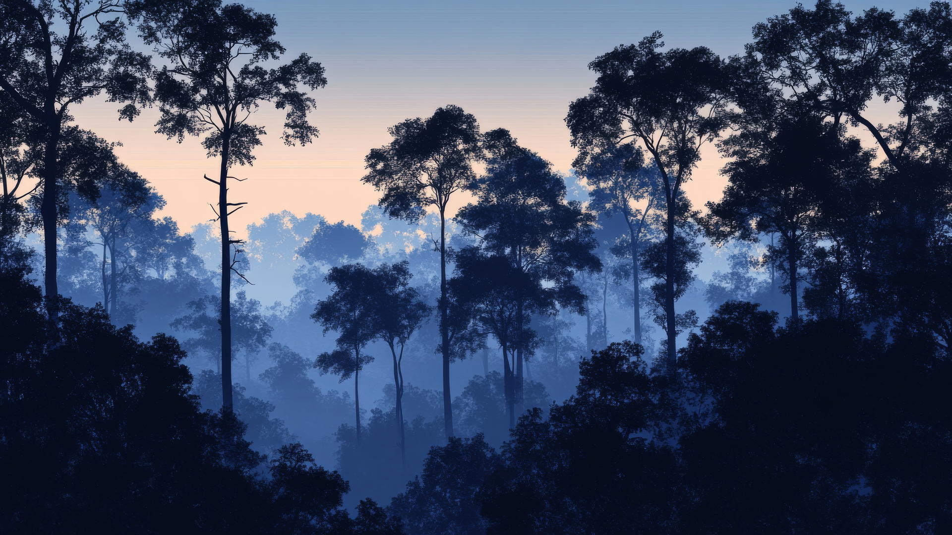 navy blue wallpaper with silhouettes of trees against a dusk sky