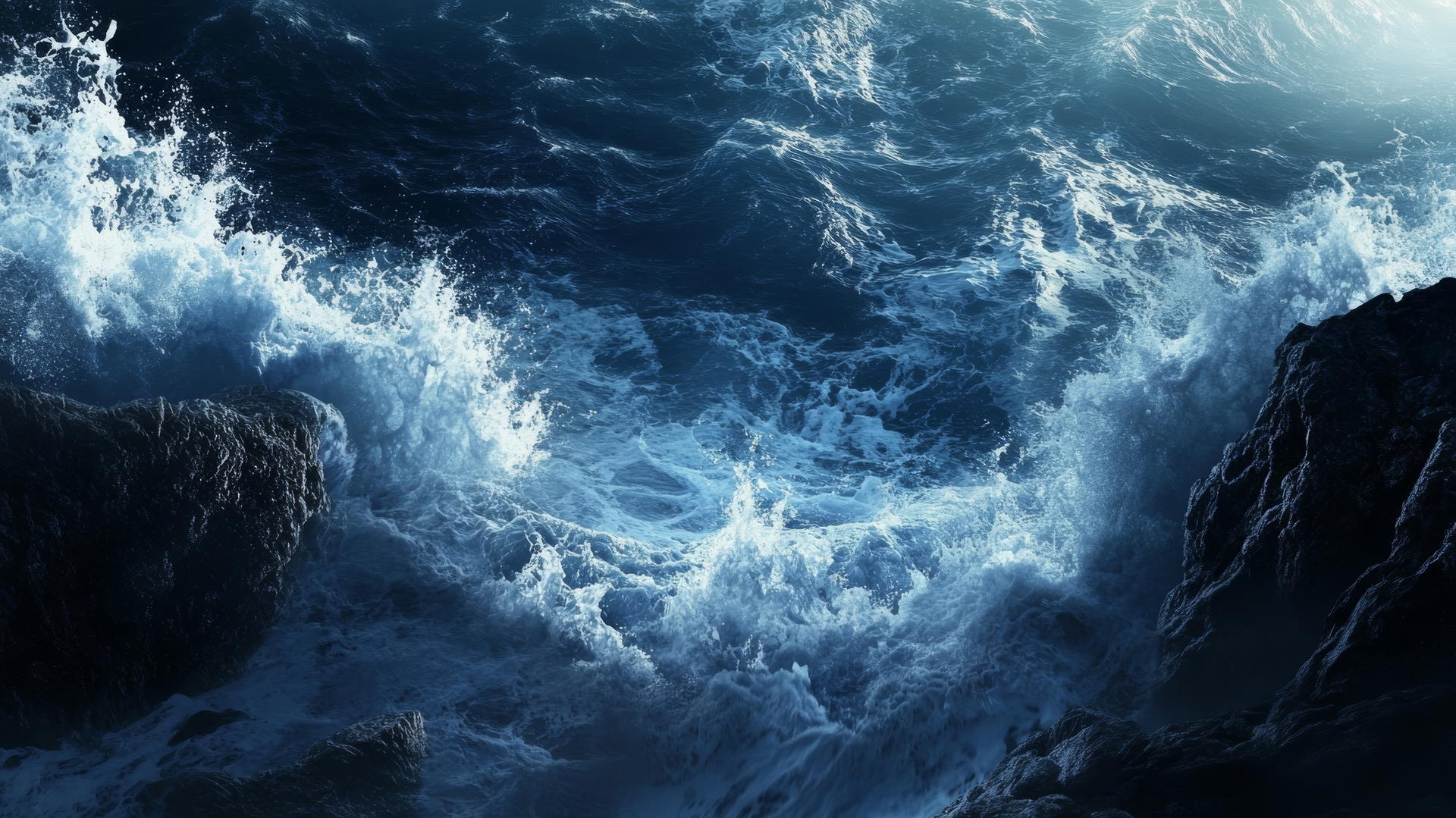 Wallpaper blue with powerful ocean waves crashing against rugged rocks