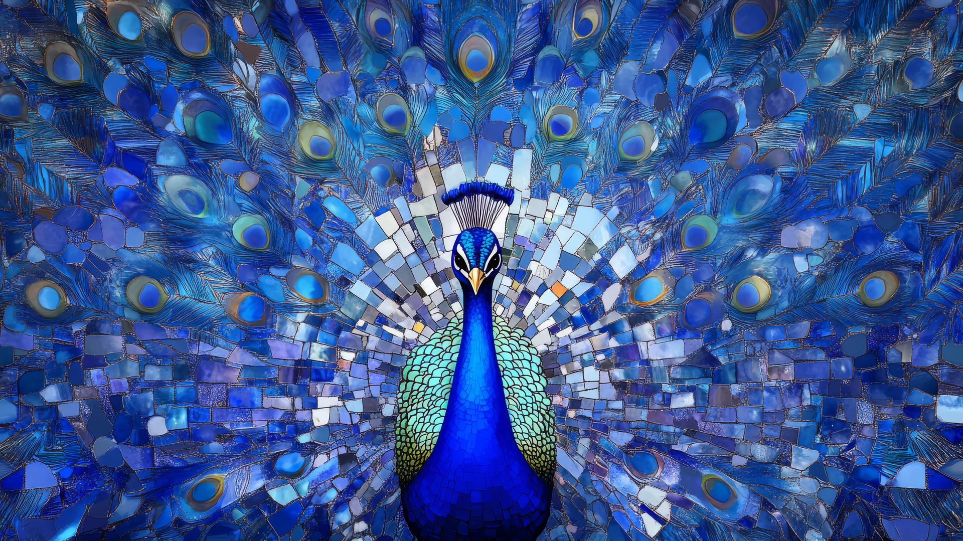 wallpaper blue stylized mosaic of a peacock with vibrant feathers