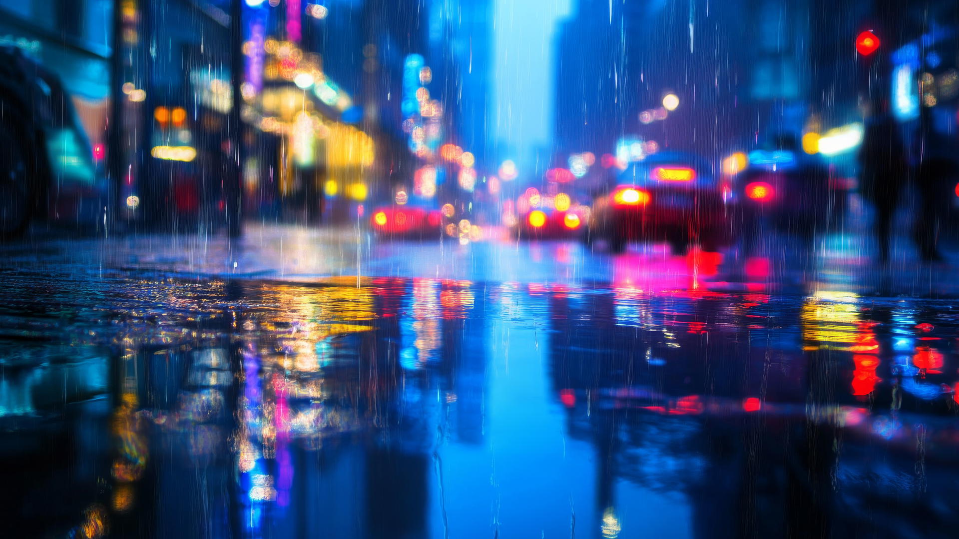 wallpaper blue, rainy city street with reflections