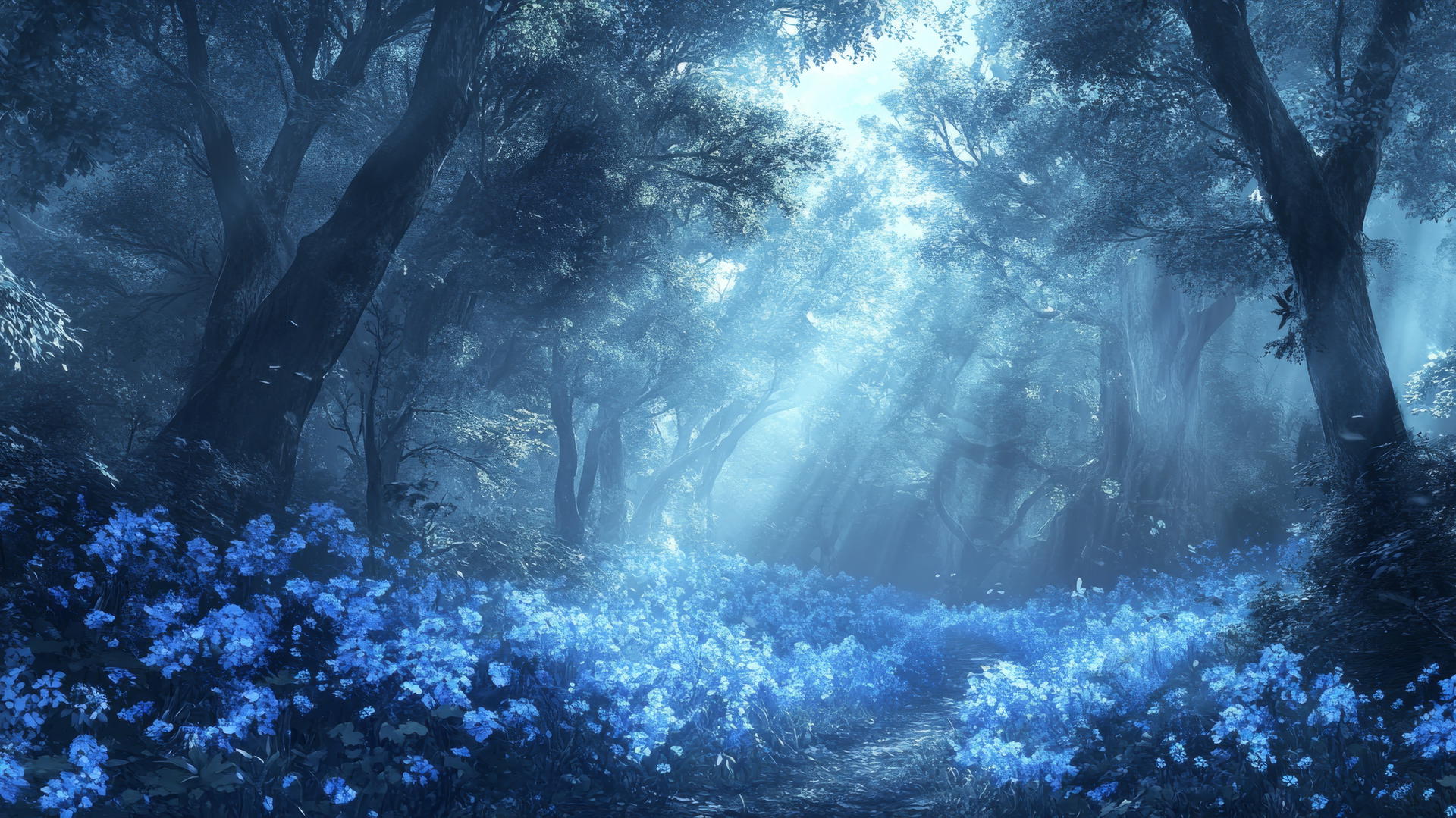 wallpaper blue with enchanted floral forest and blue mist