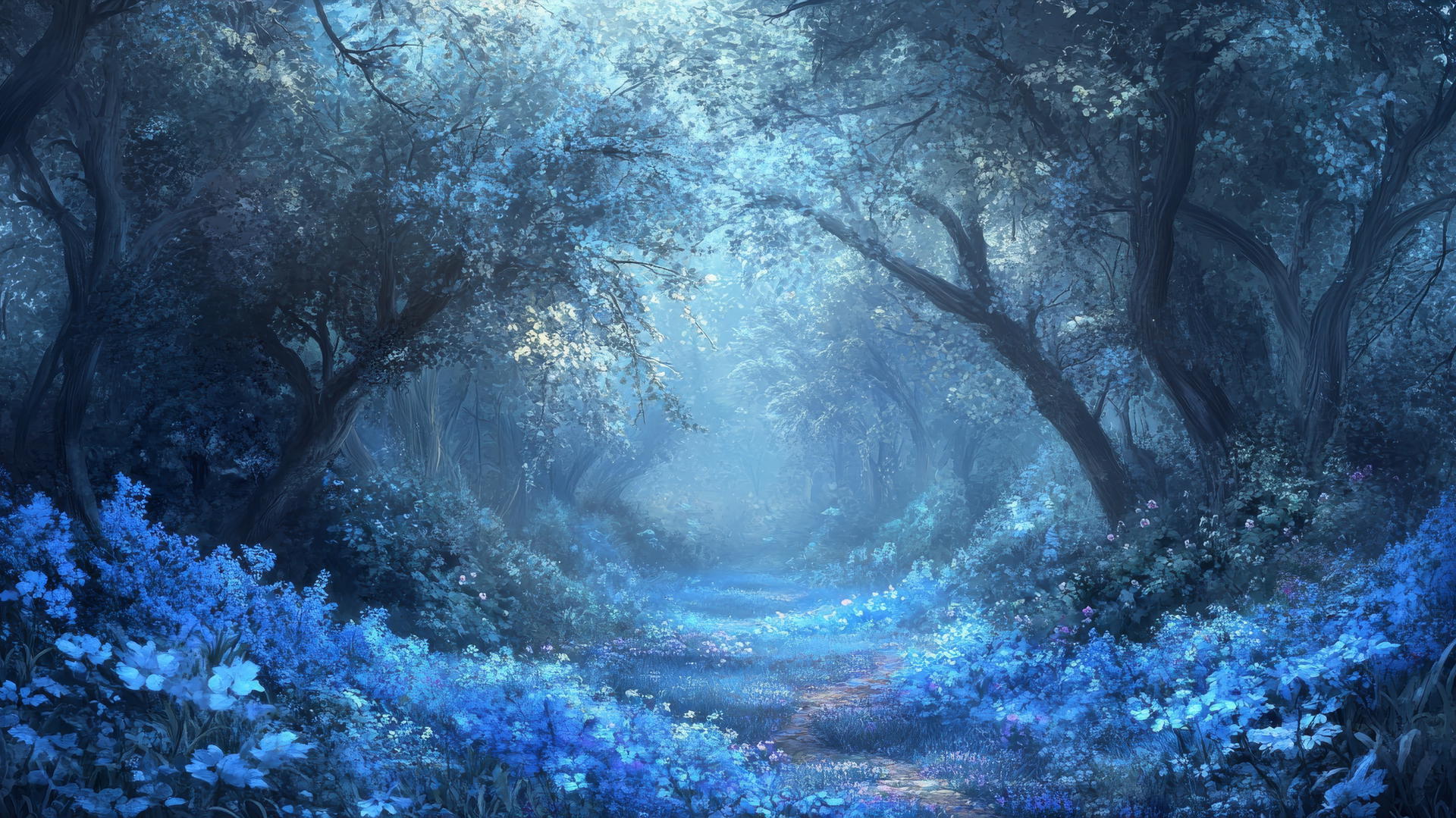 wallpaper blue with enchanted floral forest and blue mist