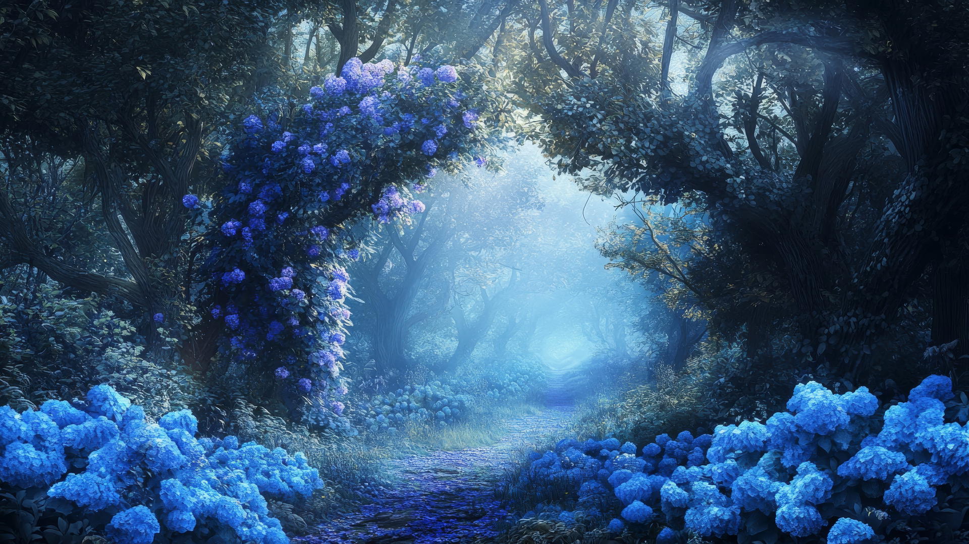 wallpaper blue with enchanted floral forest and blue mist