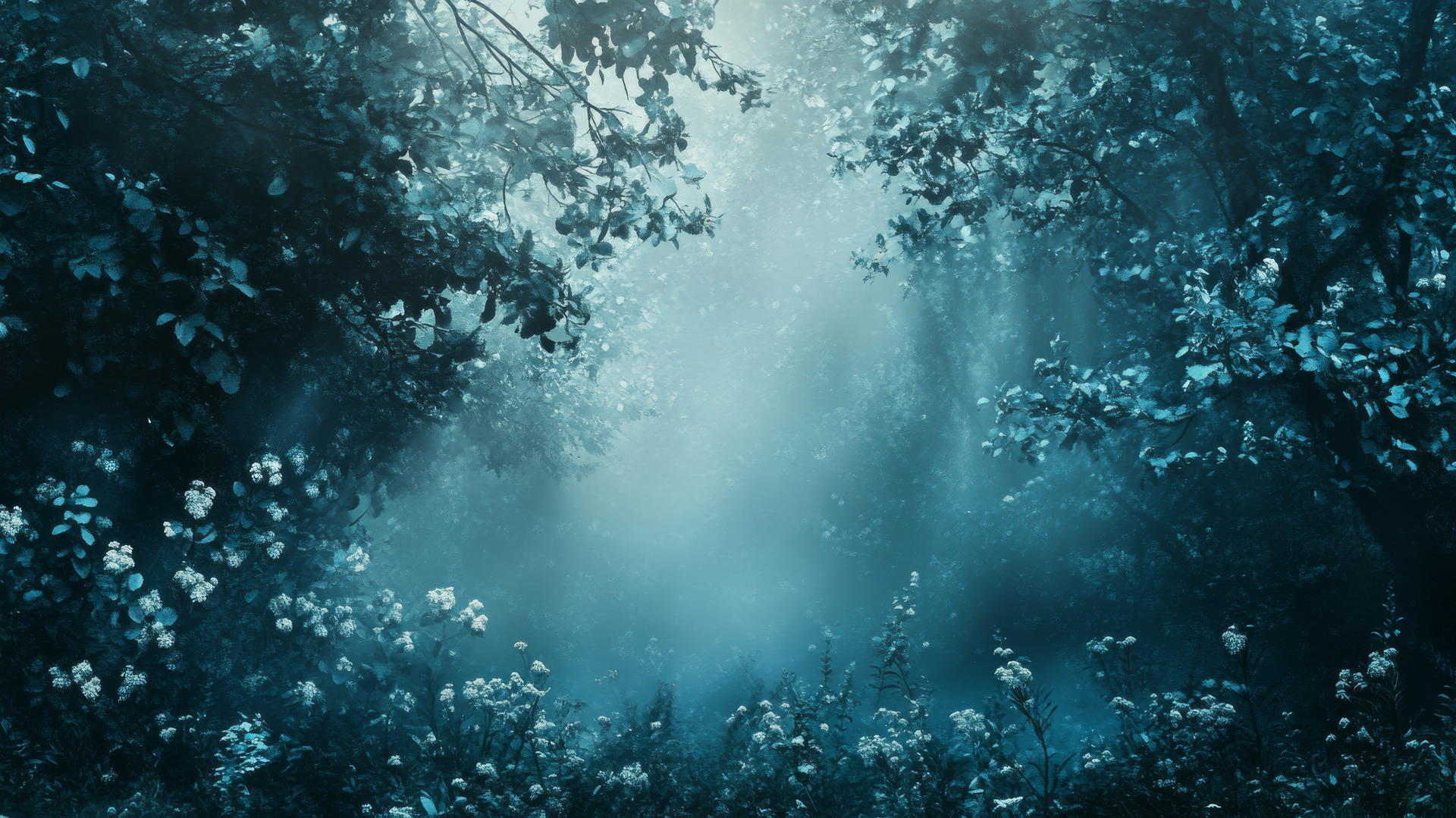 wallpaper blue with enchanted floral forest and blue mist
