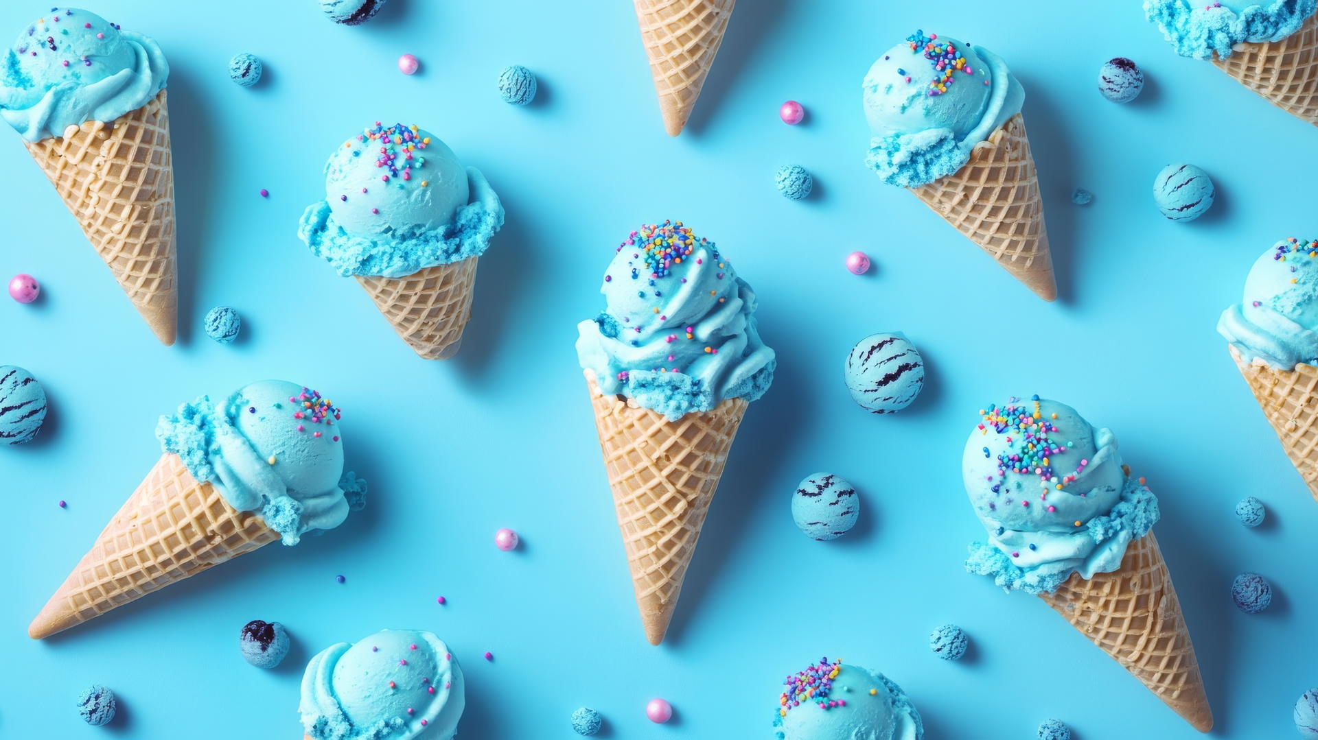 blue wallpaper for kids with dreamy ice cream cones, sprinkles, and pastel blue background