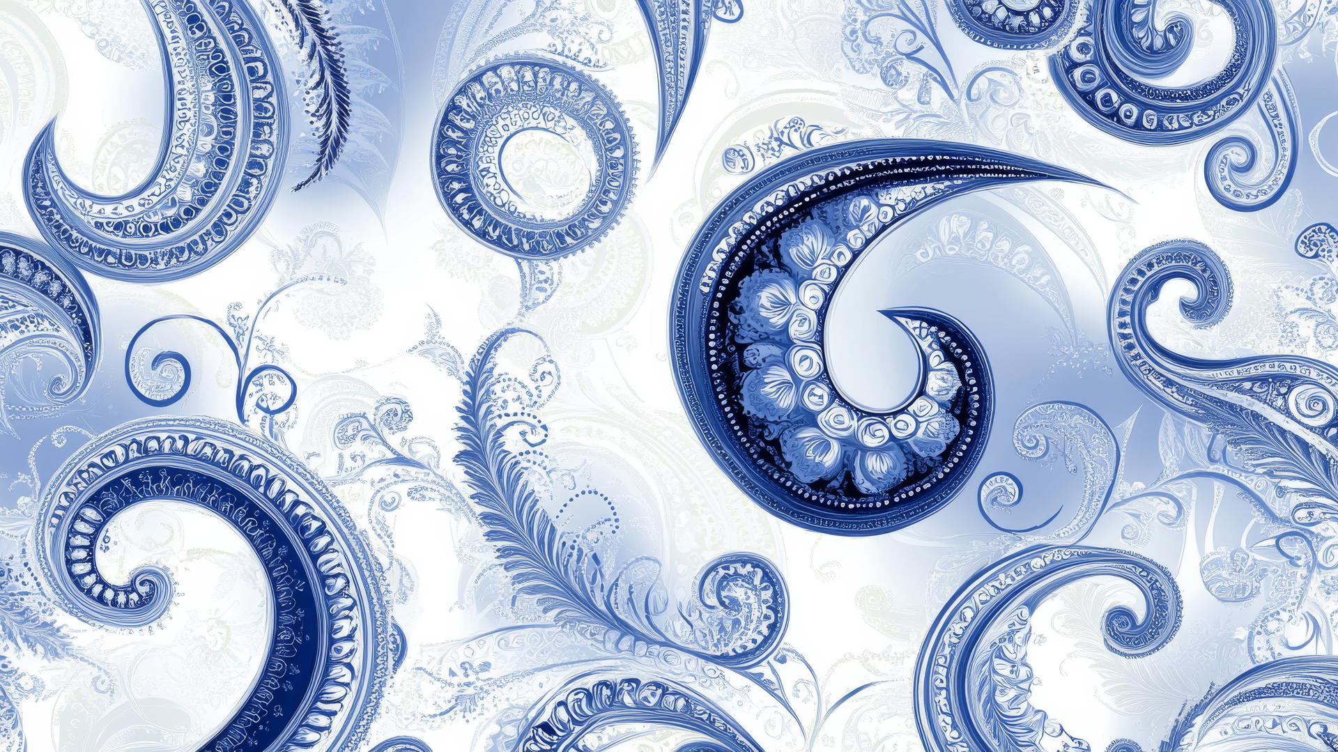 blue and white wallpaper with elegant paisley swirls
