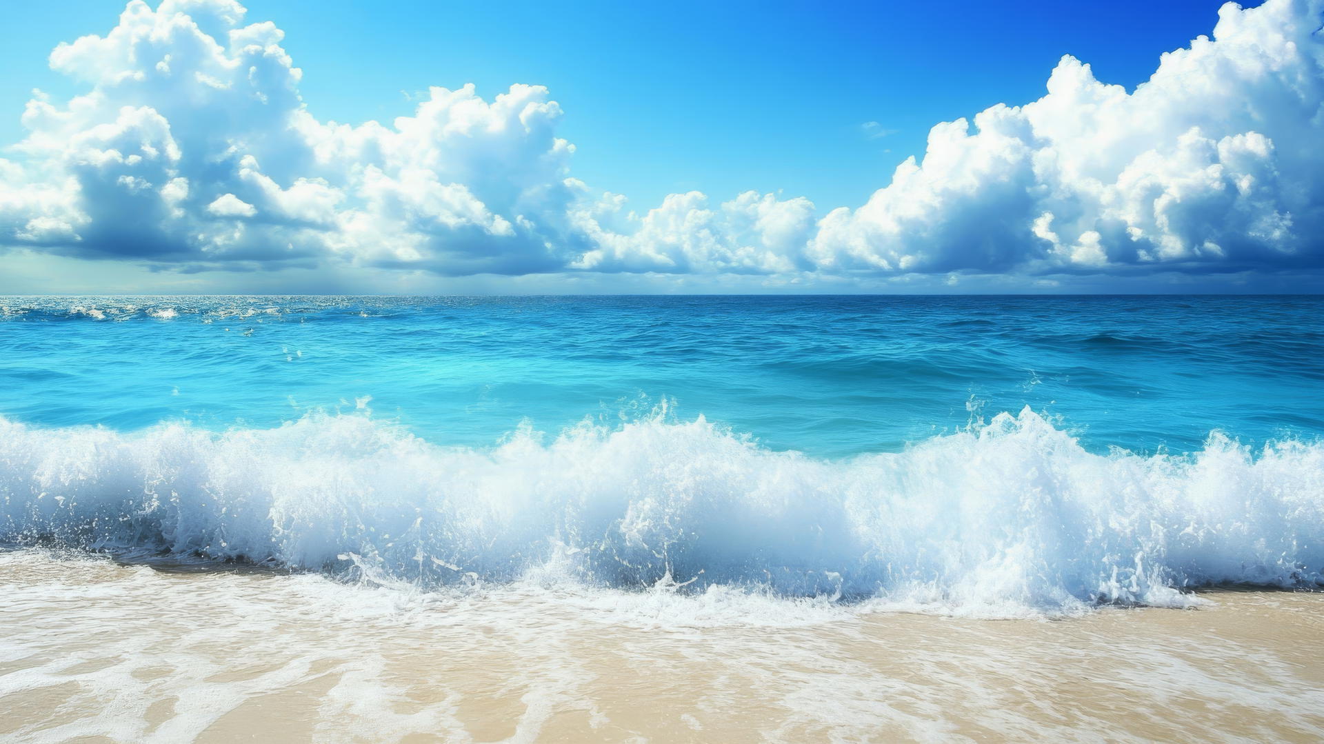 blue and white wallpaper with ocean waves crashing and white foam