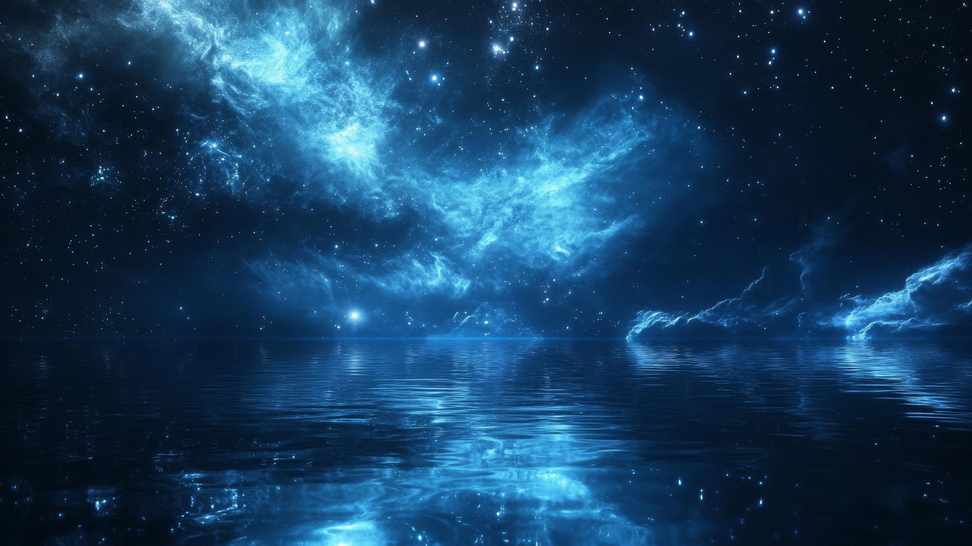 Dark blue aesthetic wallpaper with galaxy reflection in water and mirrored stars
