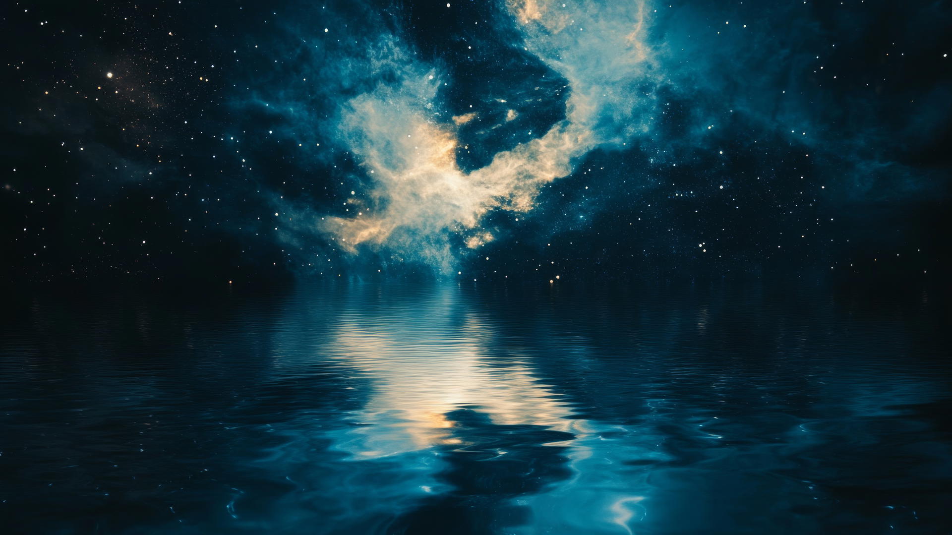dark blue aesthetic wallpaper with a galaxy reflected in water