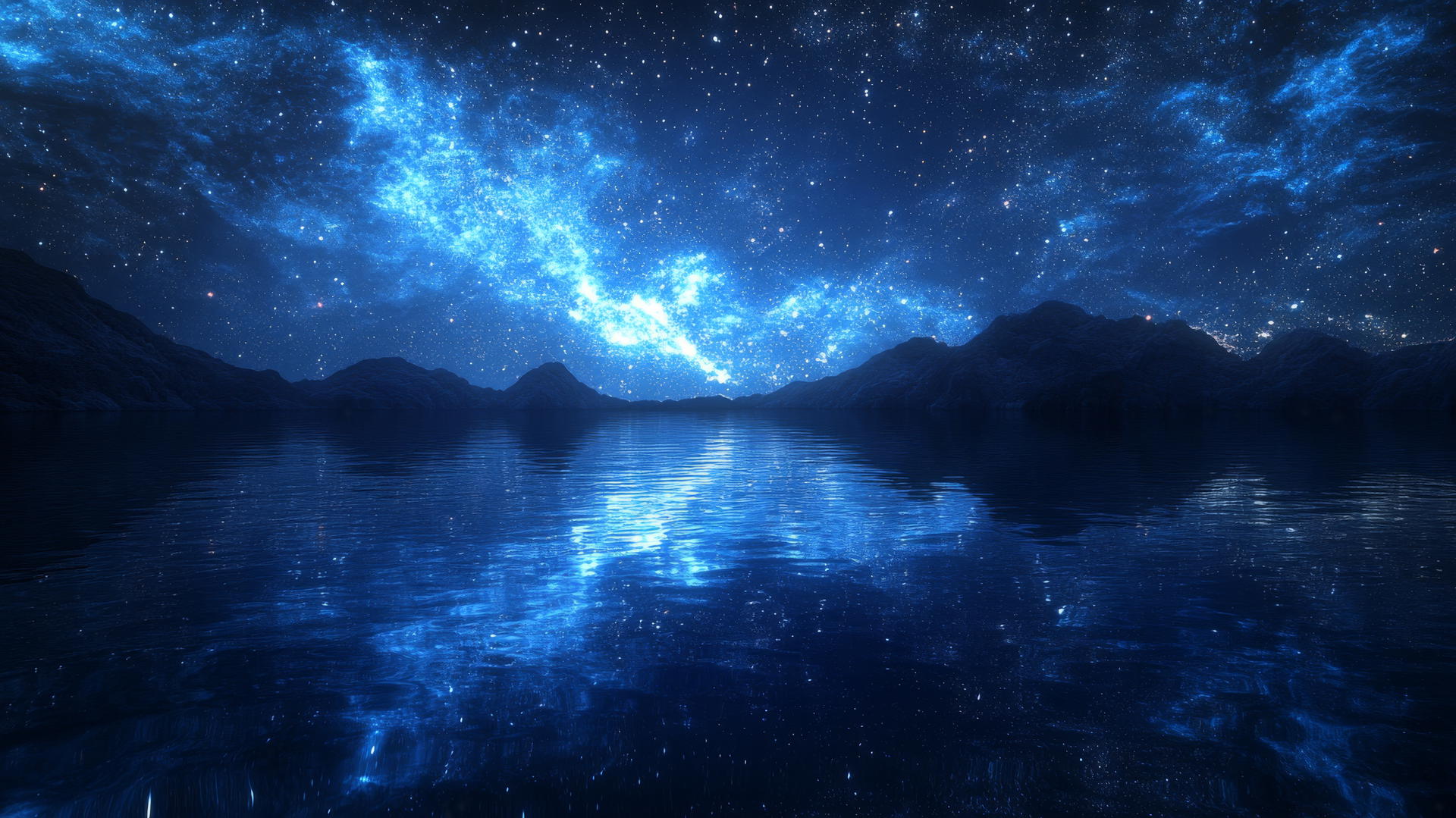 dark blue aesthetic wallpaper with galaxy reflection in water