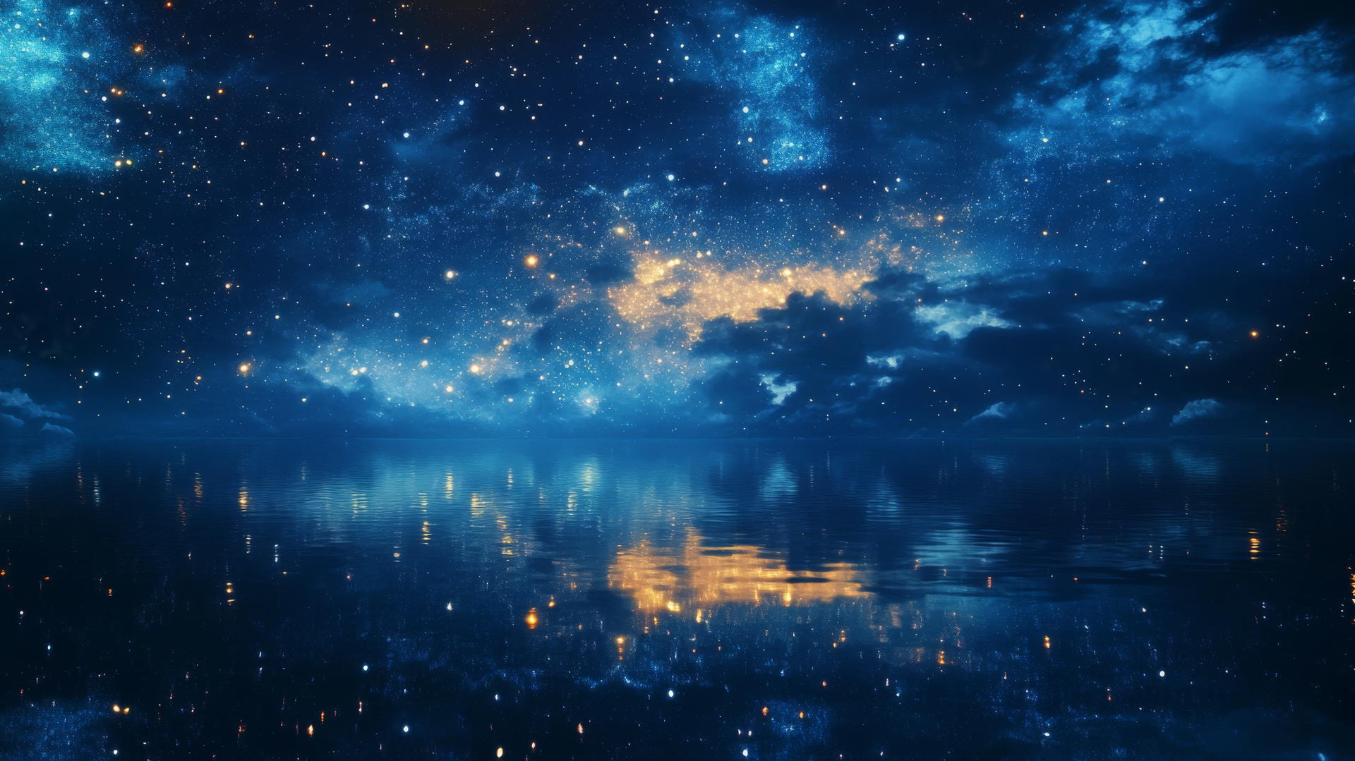 dark blue aesthetic wallpaper reflecting galaxy in water with stars and nebulae