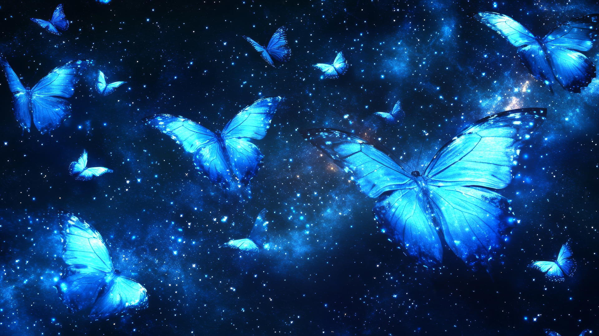 blue butterfly wallpaper with glowing wings in a starry night sky