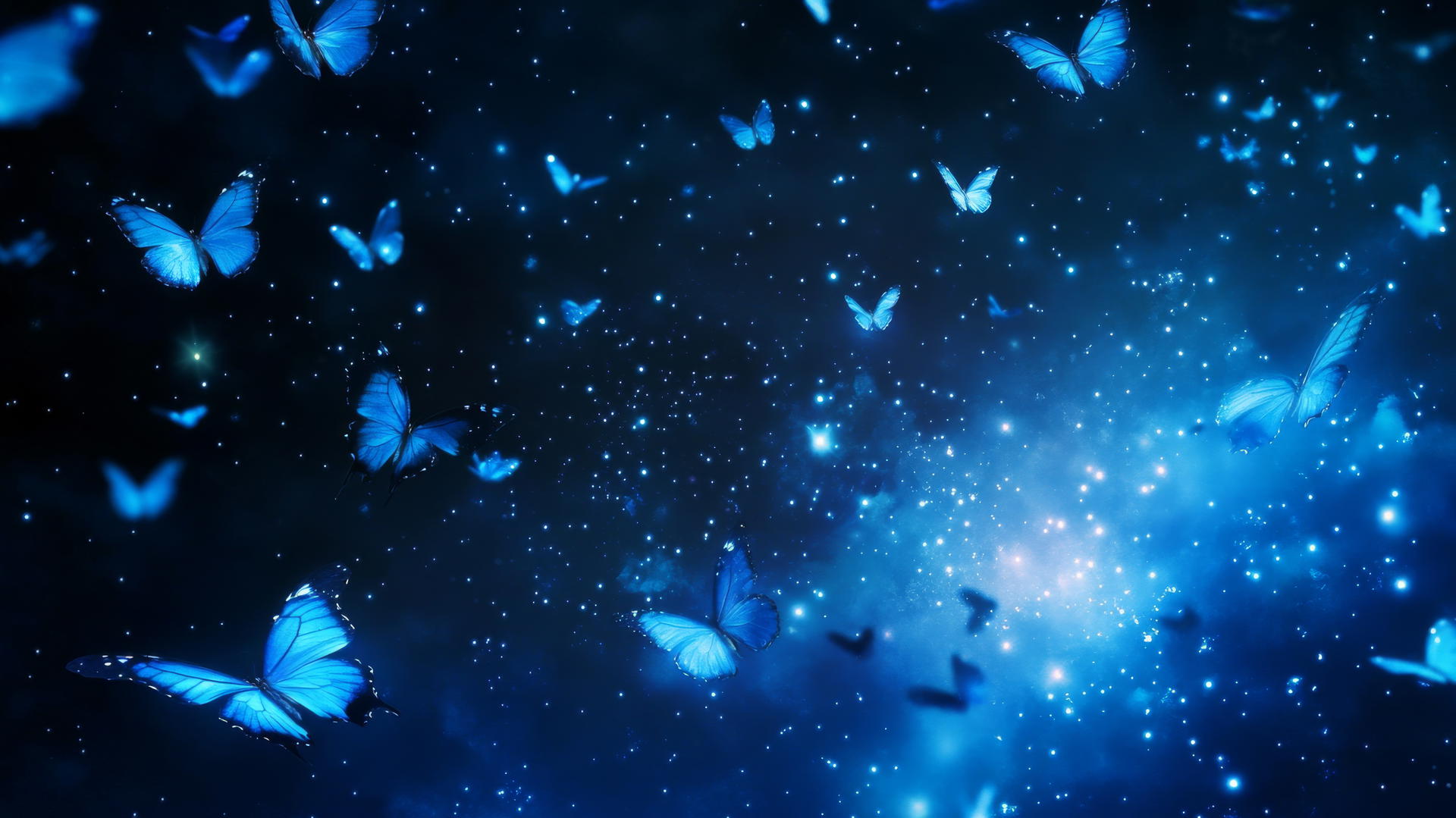 blue butterfly wallpaper with glowing wings against a starry night sky