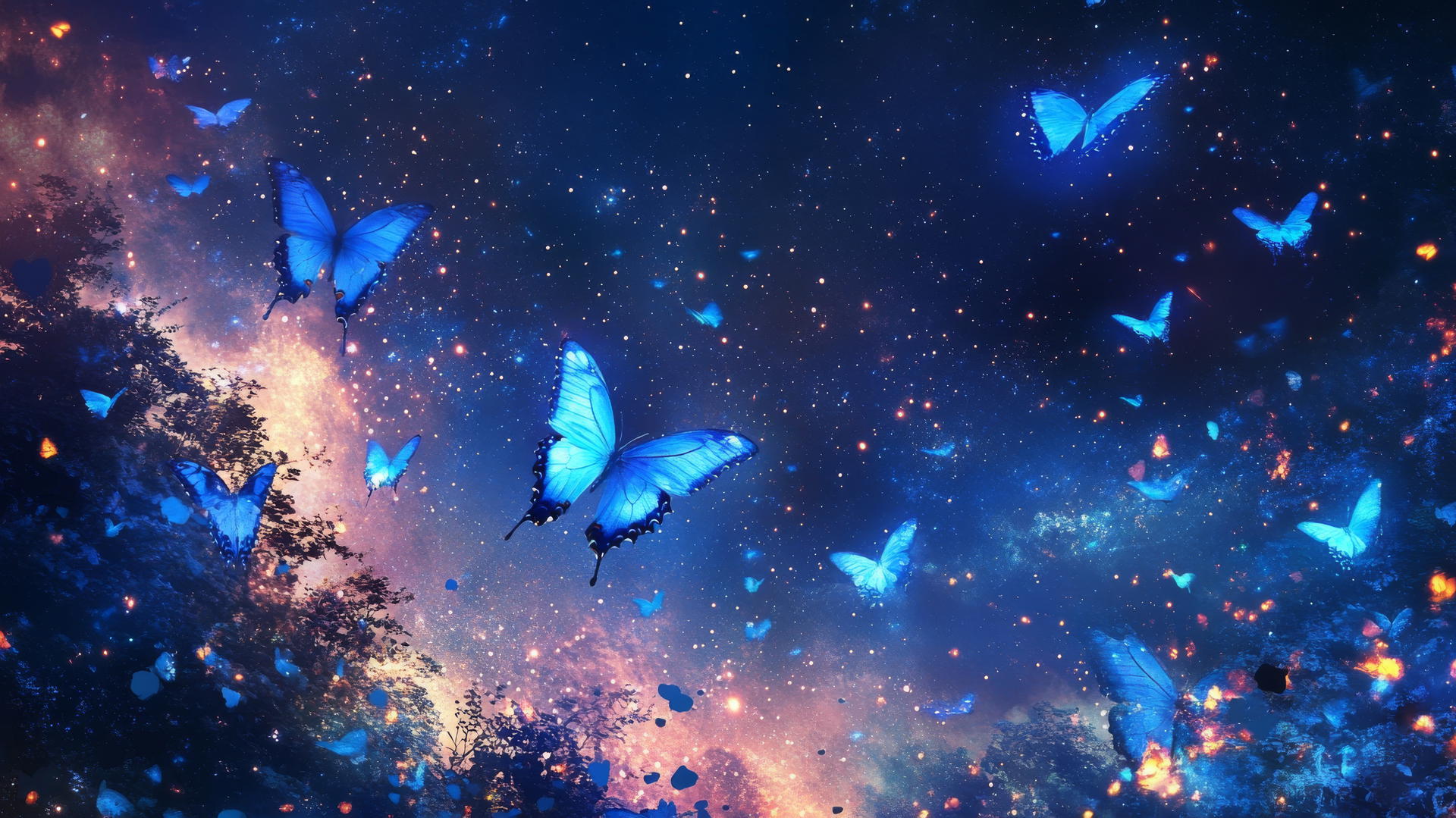 A swarm of blue butterflies flying in a starry night sky with glowing wings.
