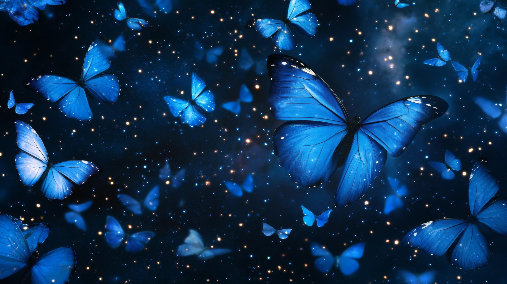 blue butterfly wallpaper with glowing wings in a starry night sky