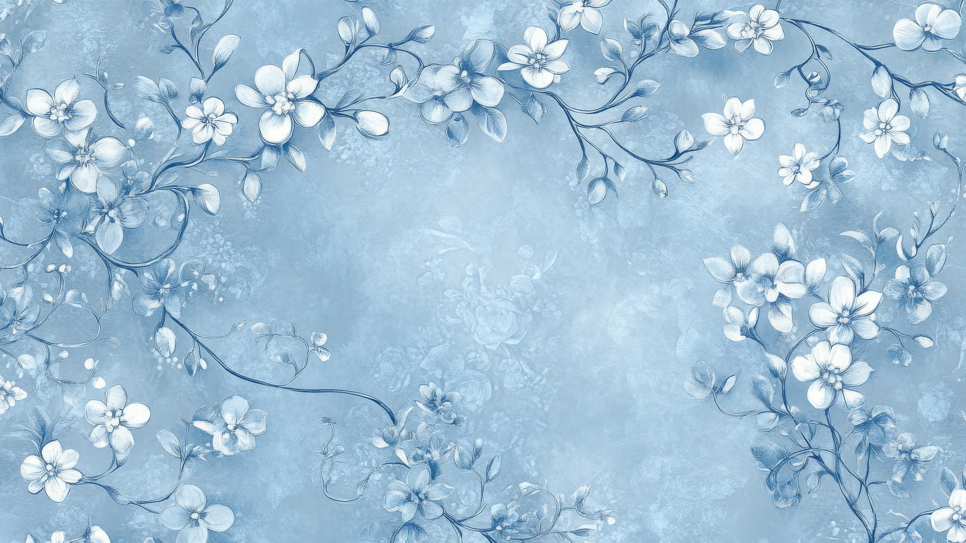 blue floral wallpaper with intricate blossoms and vines on a soft blue background