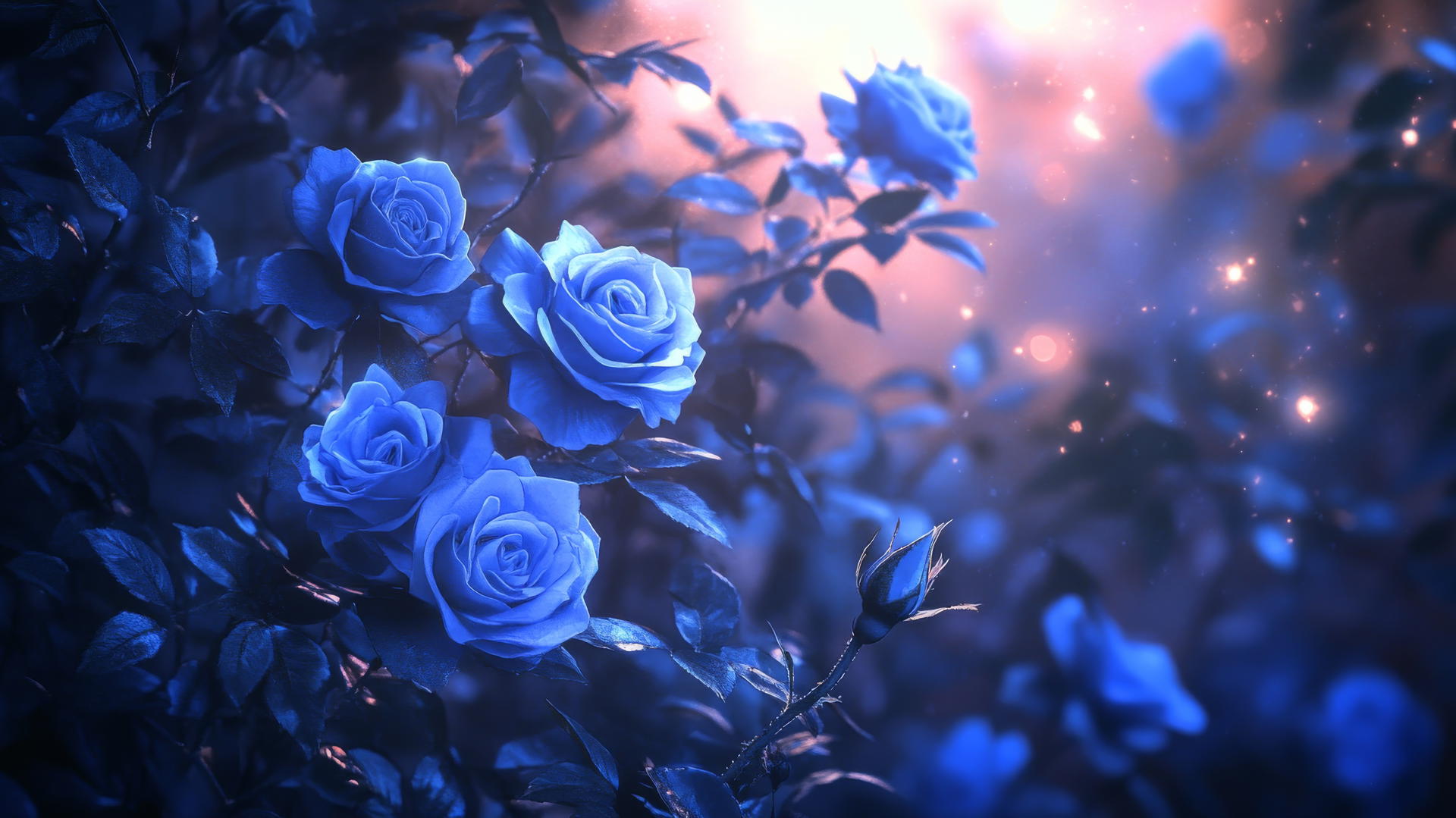 blue flower wallpaper with blue roses in a mystical garden at twilight