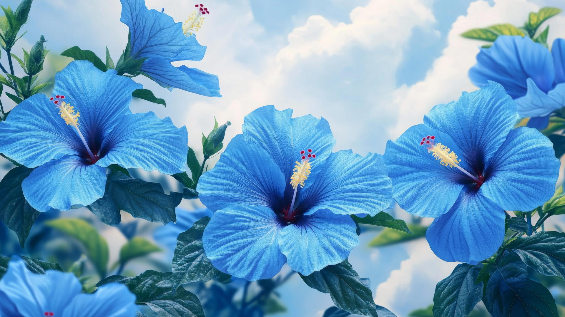 Blue flower wallpaper with vibrant blue hibiscus flowers and lush green leaves.
