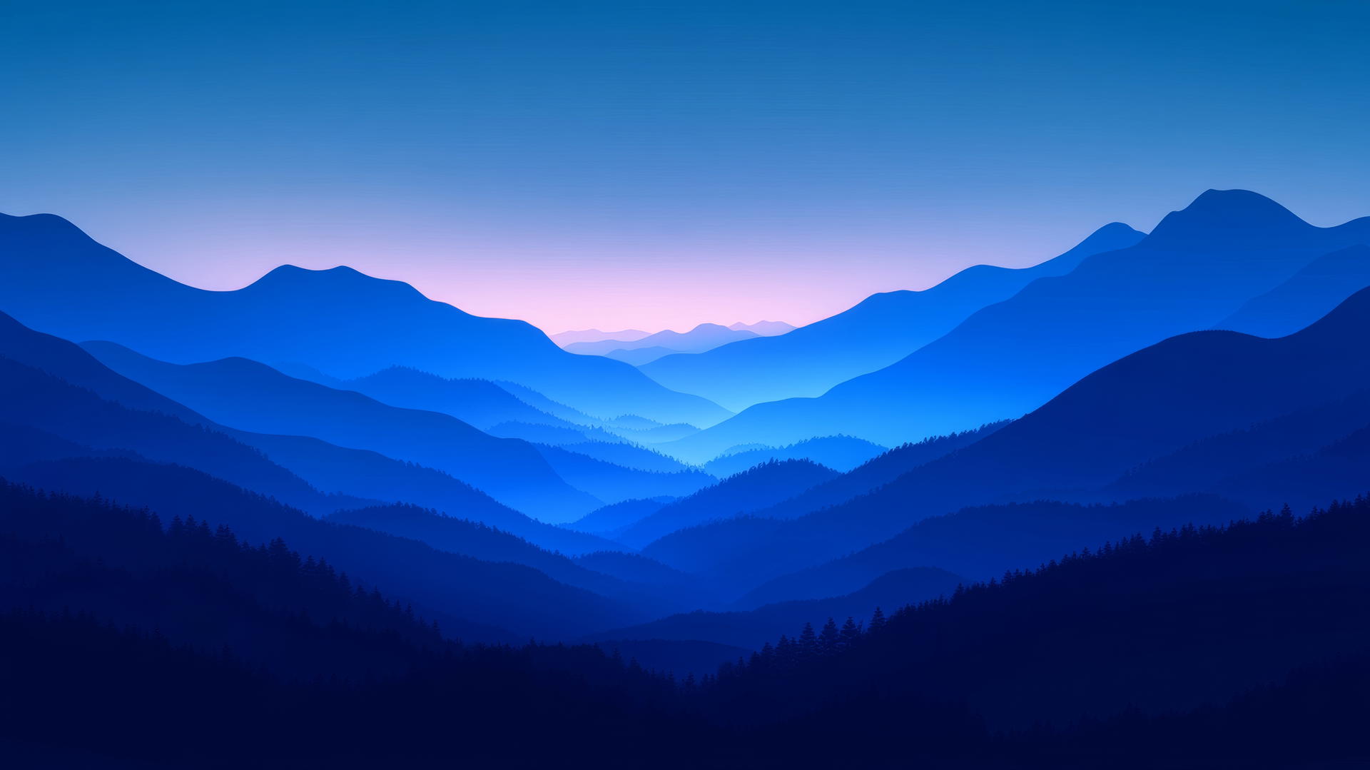 blue mountain silhouettes at dawn with layers of mist and blue light, aesthetic wallpaper blue
