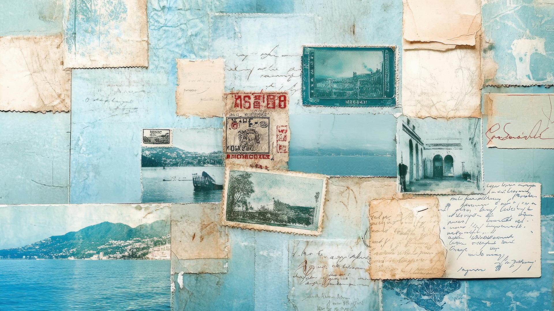 aesthetic wallpaper blue with vintage postcards collage