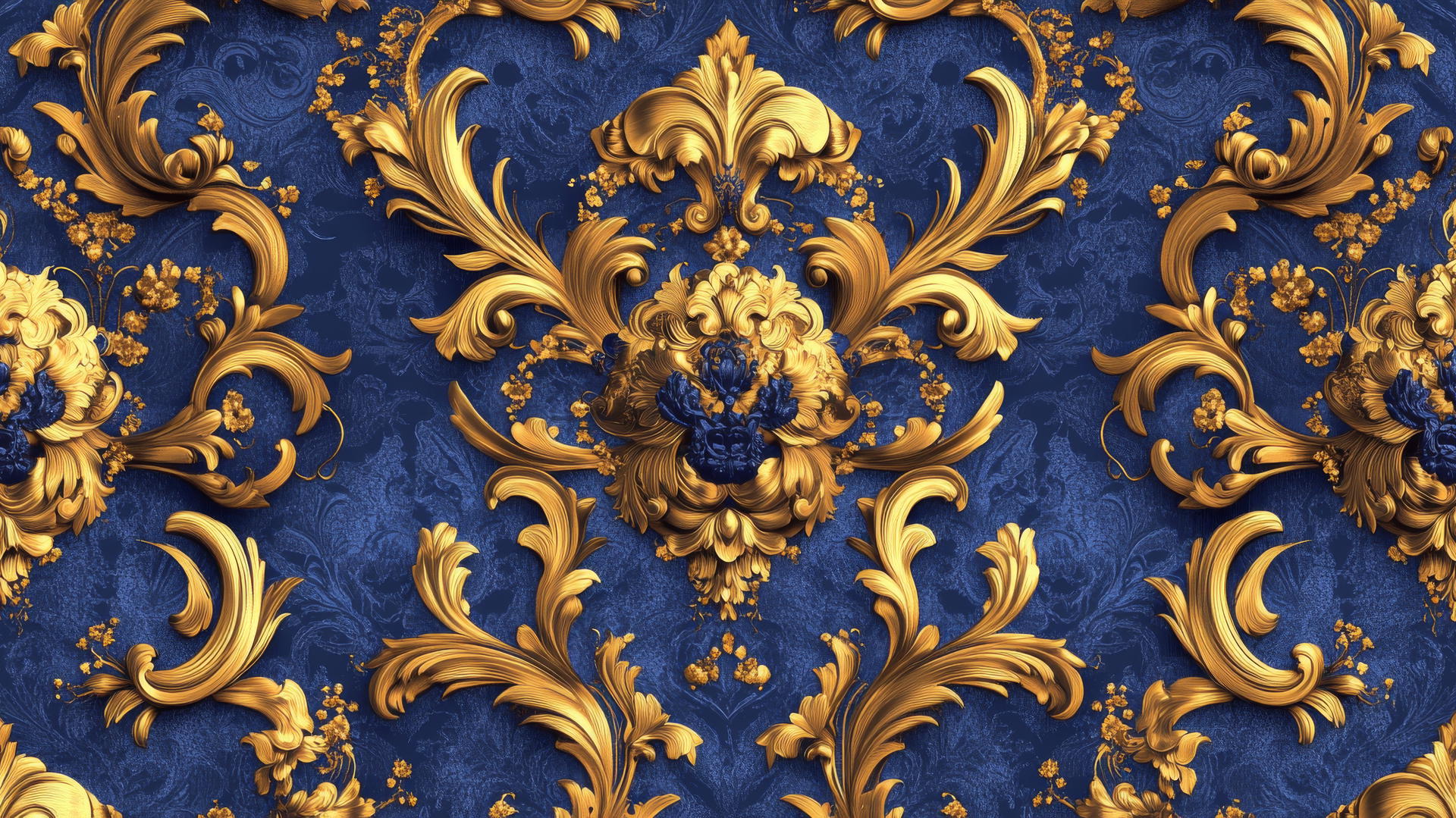 Royal blue wallpaper with intricate Baroque pattern in gold, featuring ornate floral motifs.